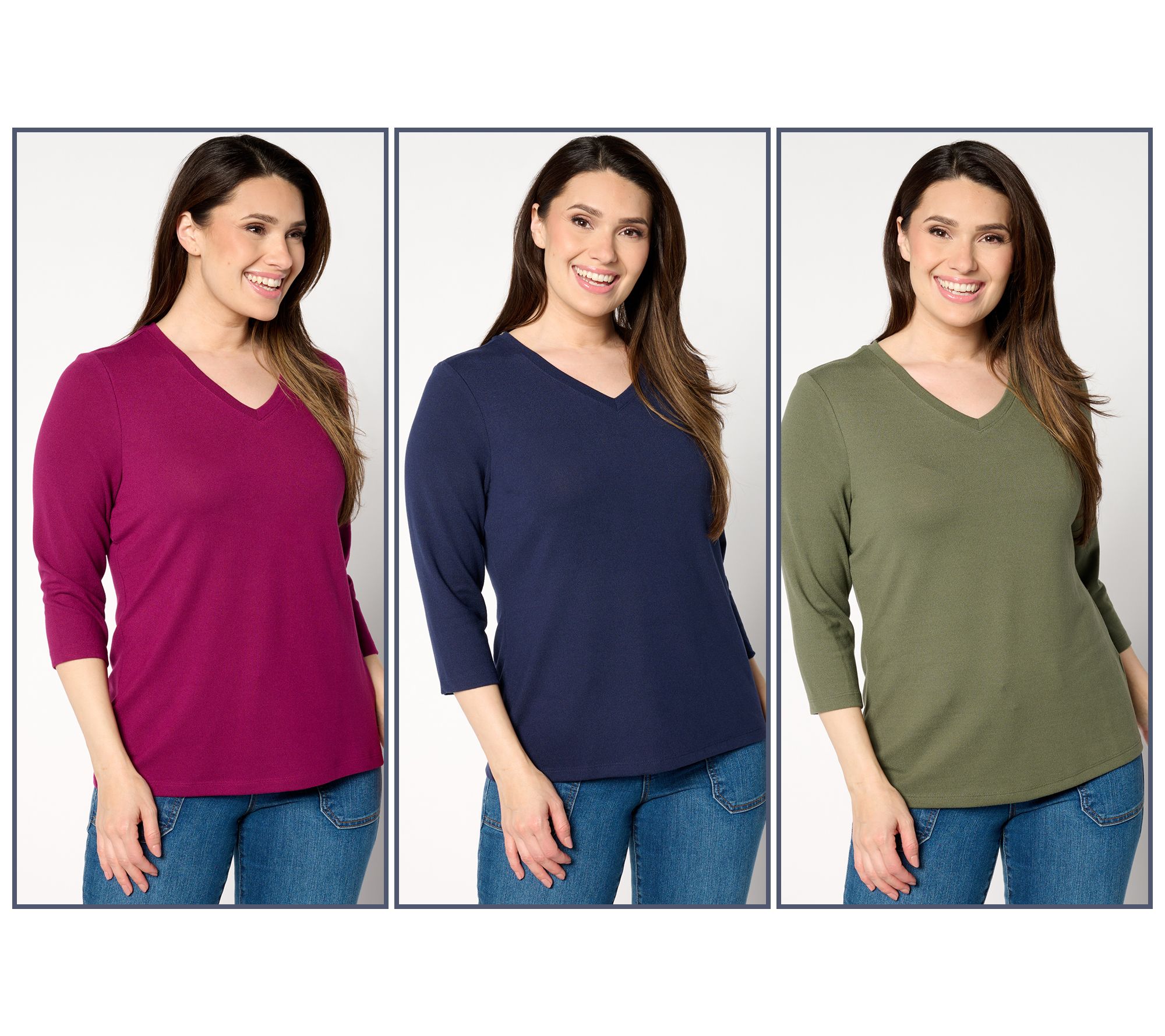 Denim & Co. Essentials Heavenly Jersey 3-Pack 3/4 Sleeve Tops