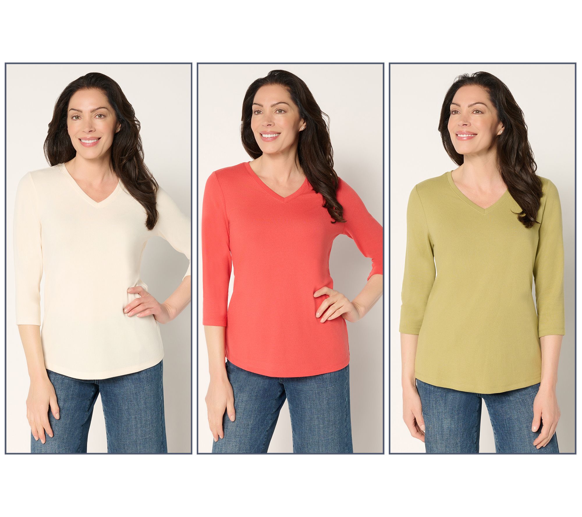 Denim & Co. Essentials Heavenly Jersey 3-Pack 3/4 Sleeve Tops