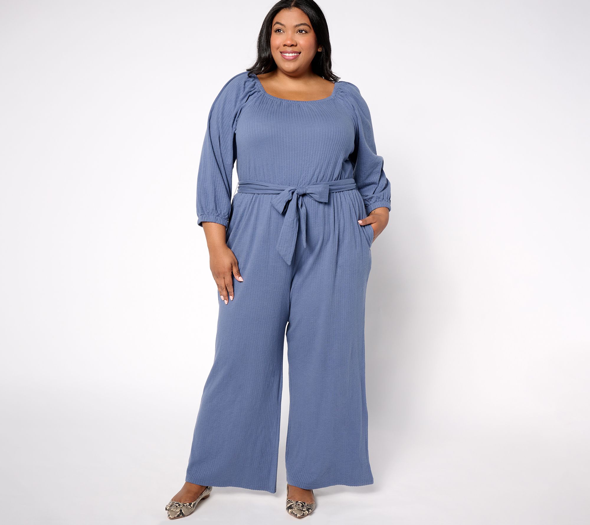 AnyBody Petite DayDreamer Knit 3/4 Sleeve Tie Waist Jumpsuit