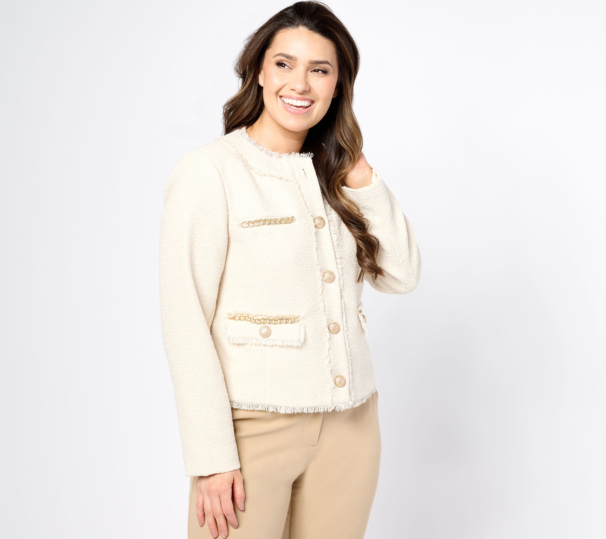 "As Is" Dennis Basso Textured Jacket with Goldtone Chain Detail