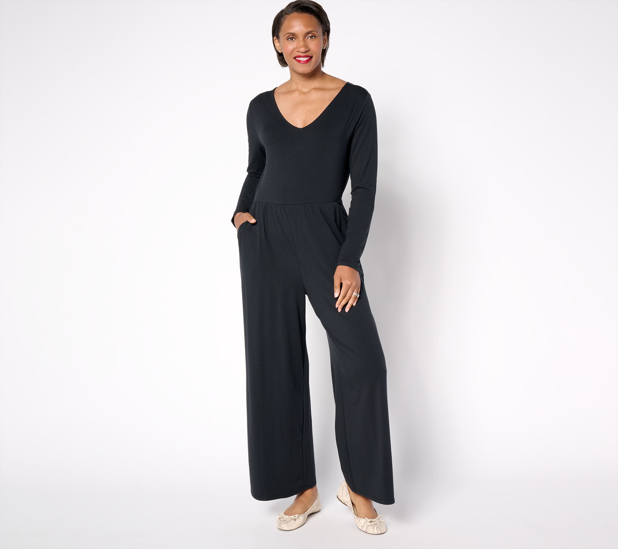 AnyBody Petite Cozy Knit Long-Sleeve V-Neck Jumpsuit