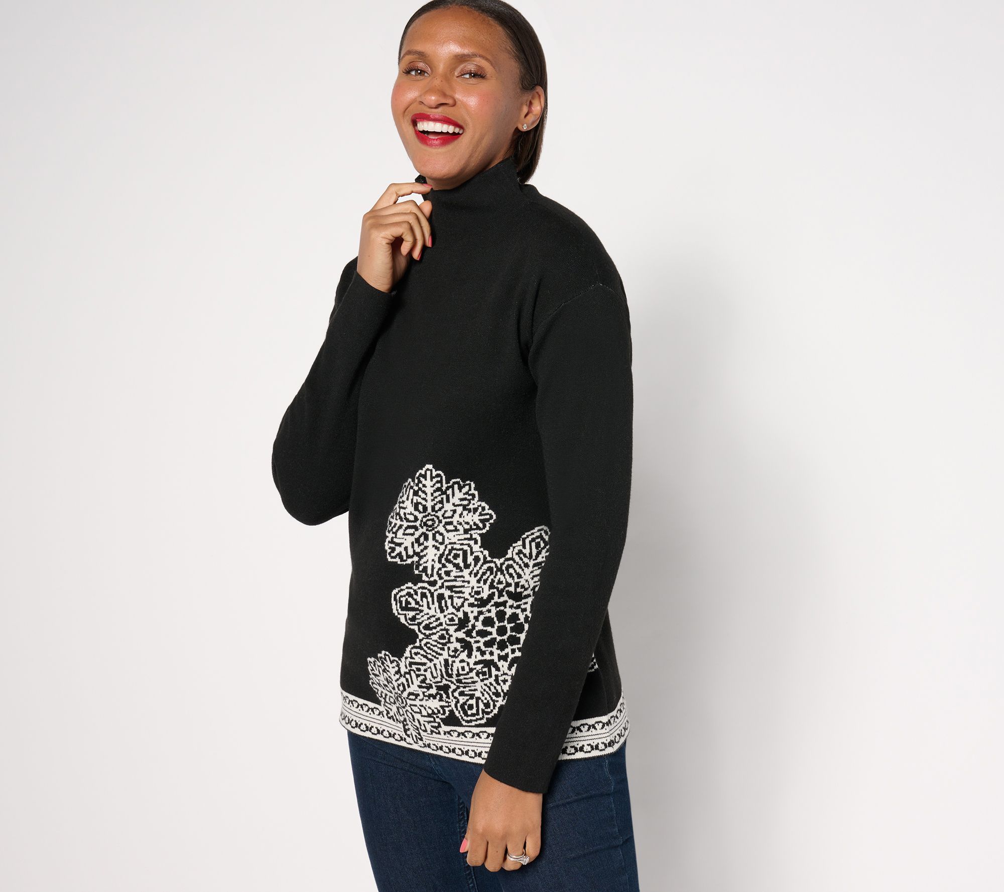Denim & Co. Jacquard Funnel Neck Snowflake Sweater