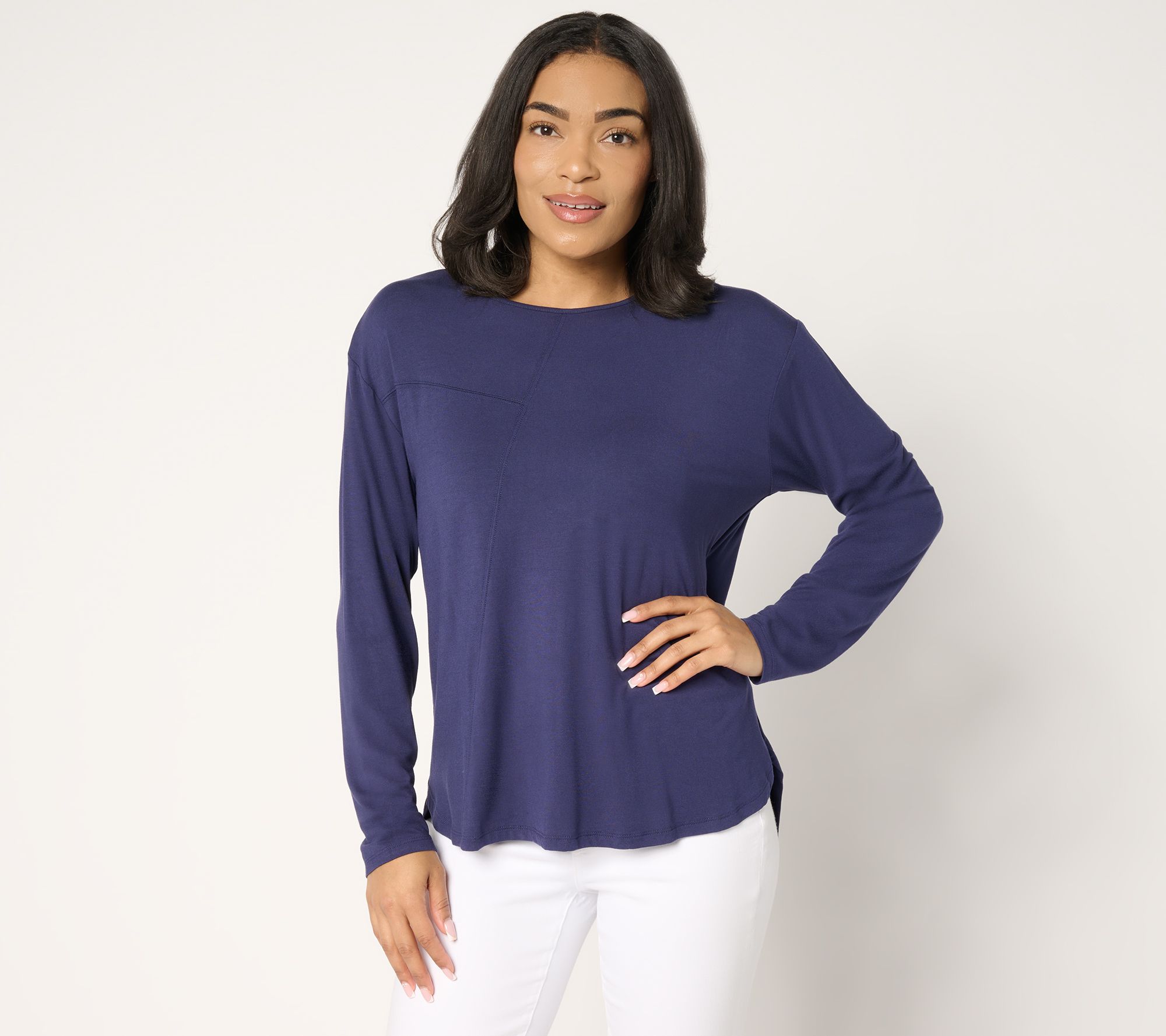 Peace Love World Asymmetrical Stitch Detail Long Sleeve Top