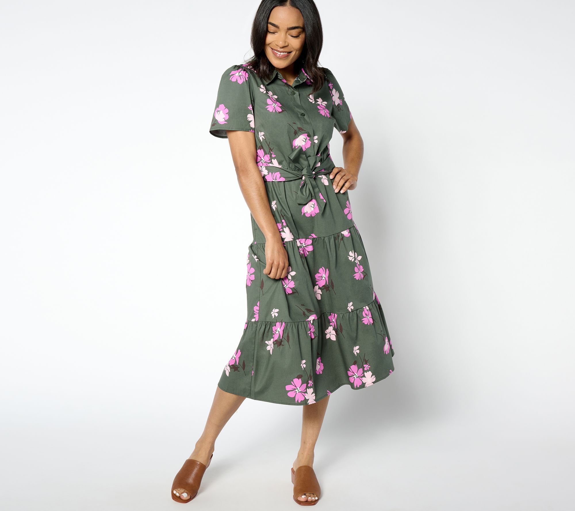 "As Is" Denim & Co. Printed Poplin Tiered Shirt Dress with Pockets