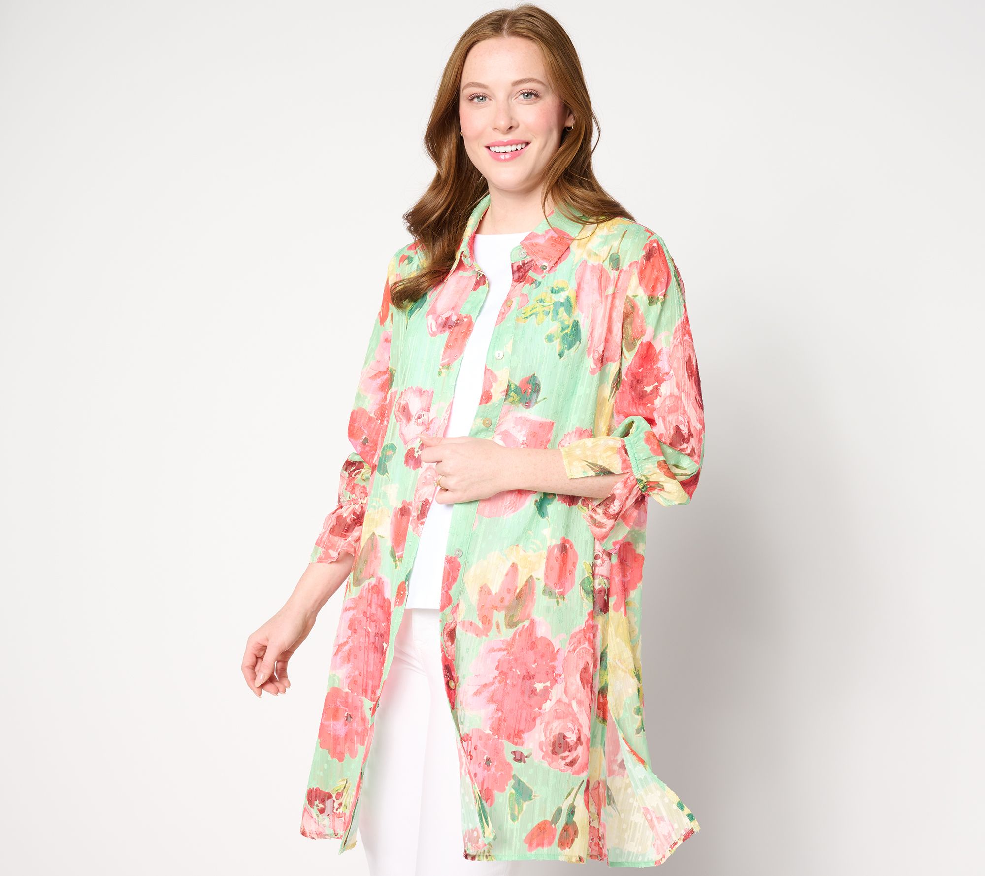 "As Is" Susan Graver Pet Printed Woven Clip Jacquard Button Duster