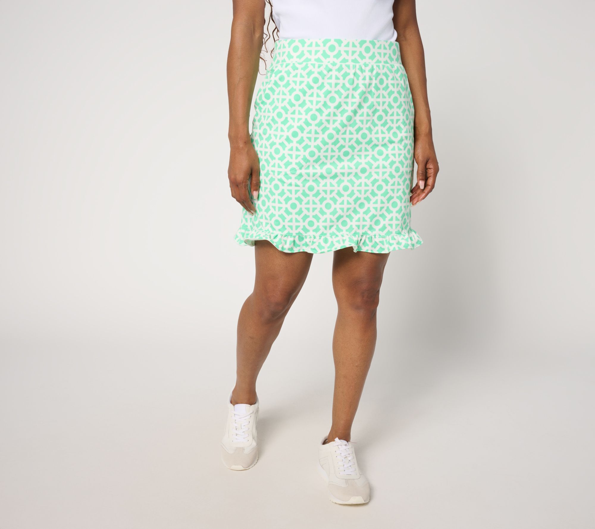 Belle Body by Kim Gravel Petite Geo Athletic Jersey Ruffle Skort