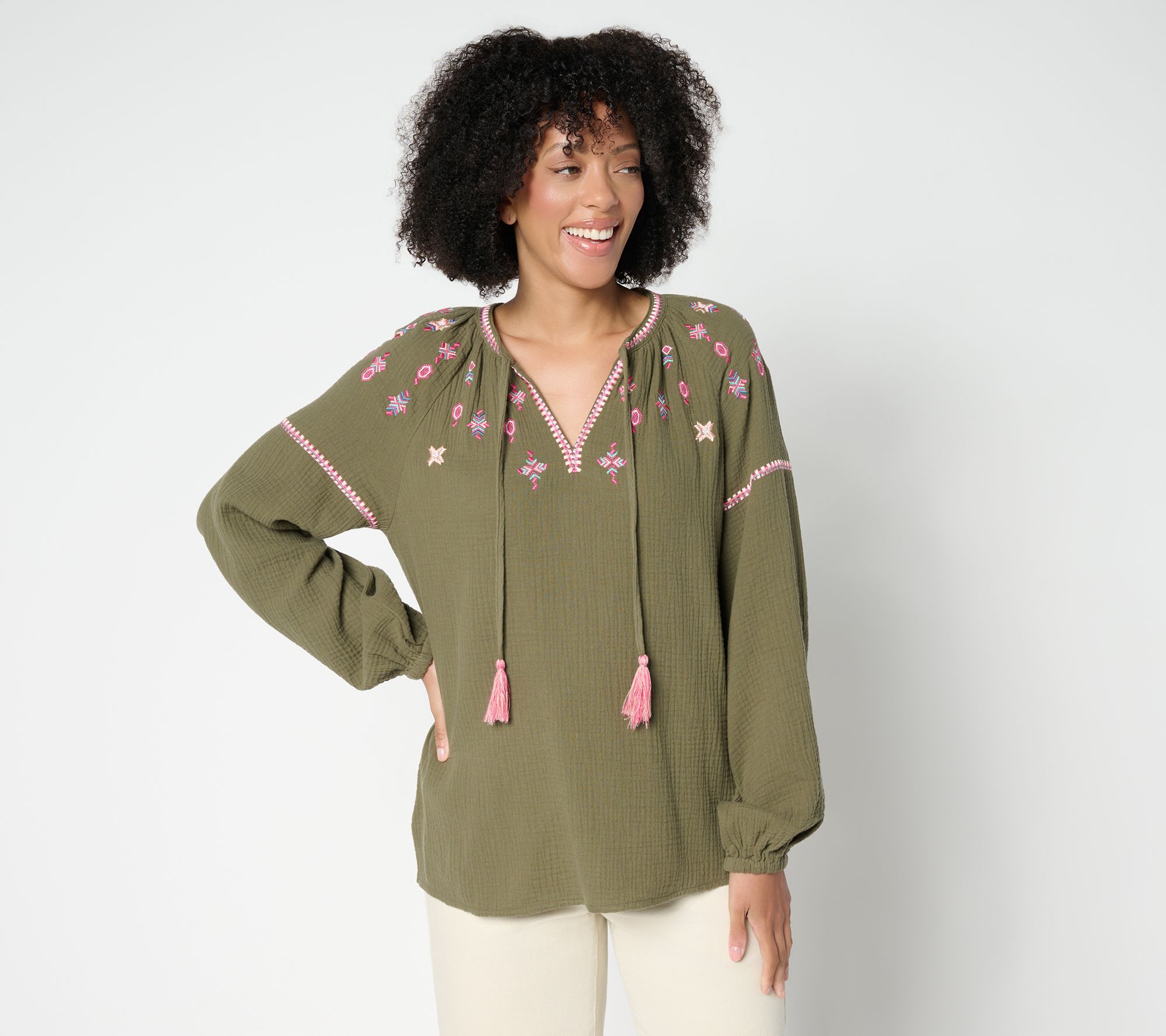 Belle by Kim Gravel Summer Sunset Cotton Gauze Tassel Top