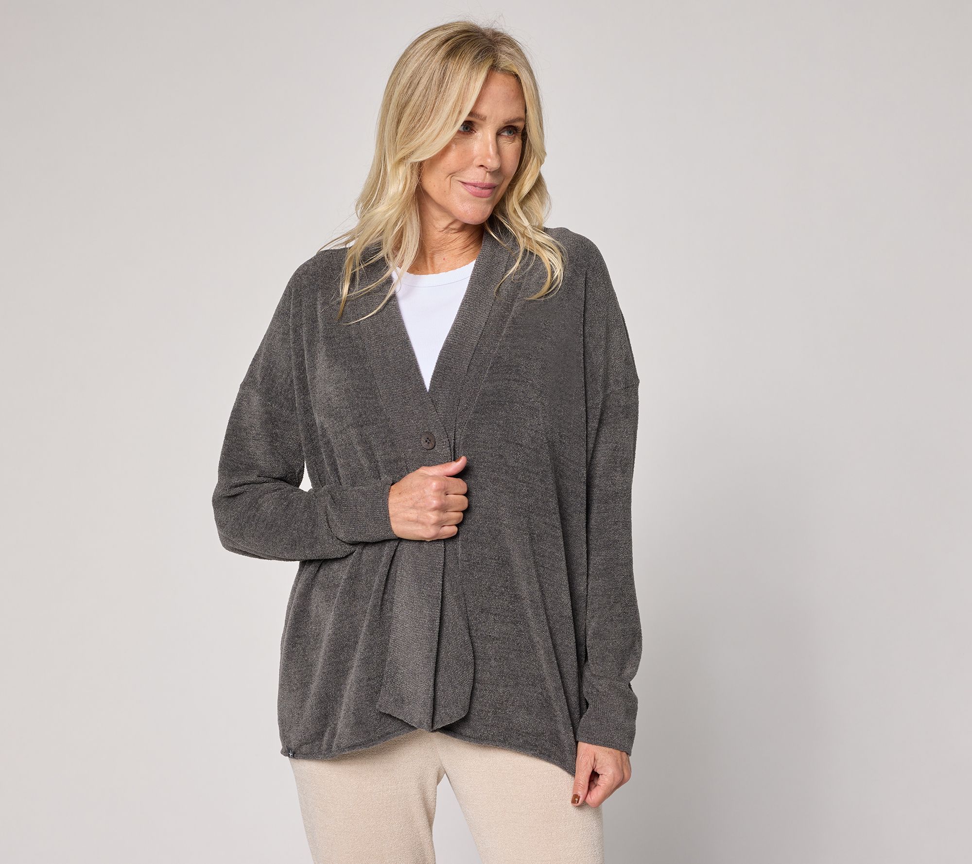 トップス TENBOX FOOTSIES CARDIGAN Barefoot Dreams CozyChic Ultra Lite Button Front Rib Collar