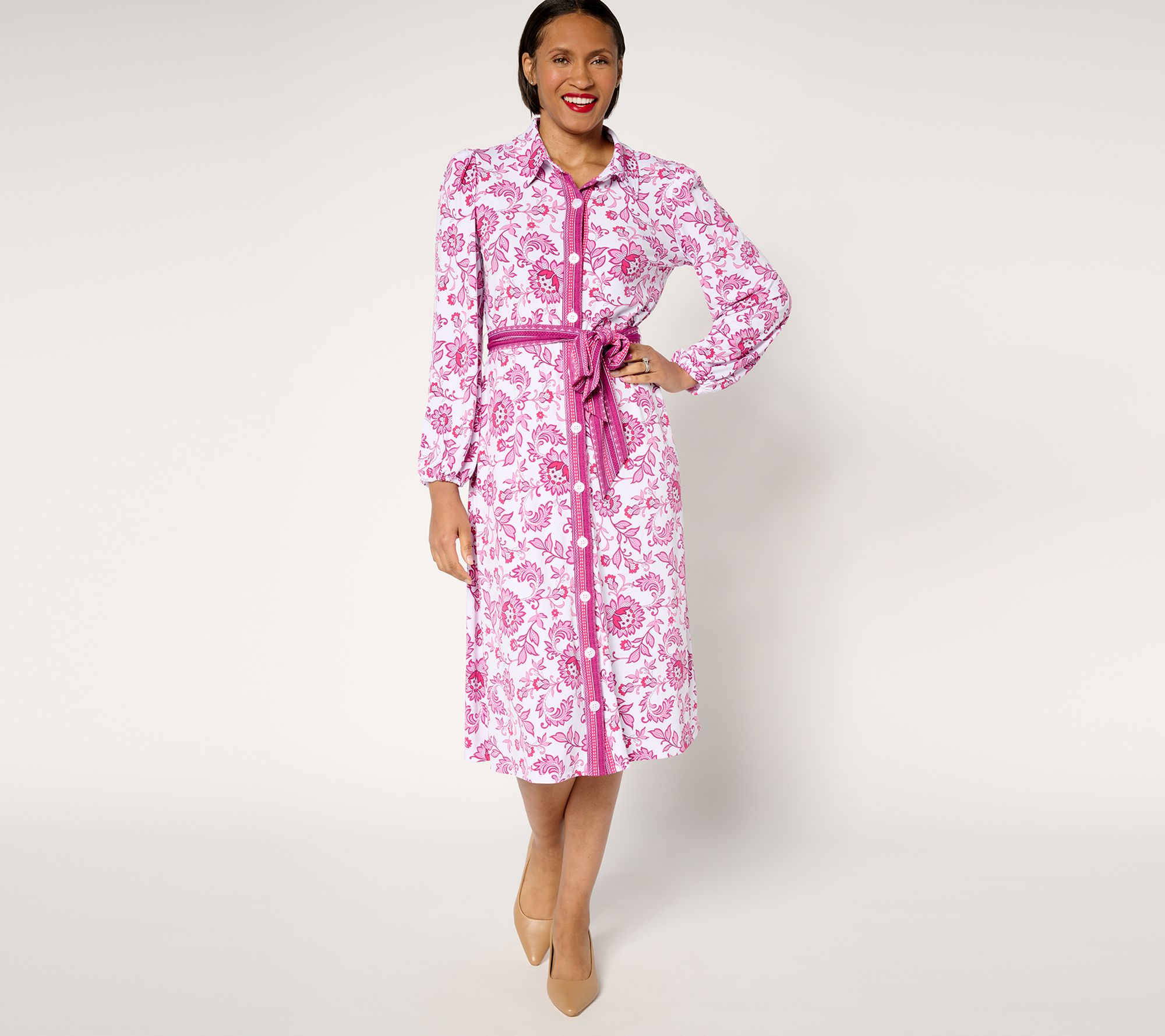 "As Is" Susan Graver Printed Liquid Knit Petite Button Midi Dress