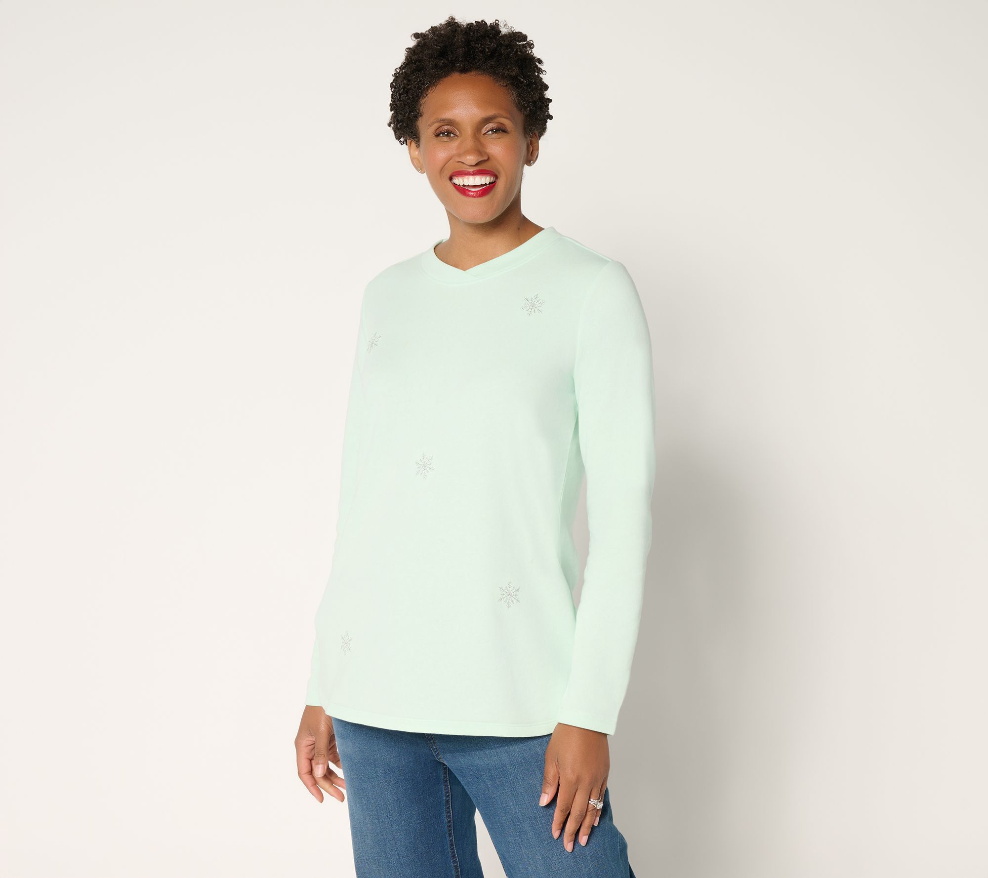  Denim & Co. Fleece Snowflake Embroidered Top