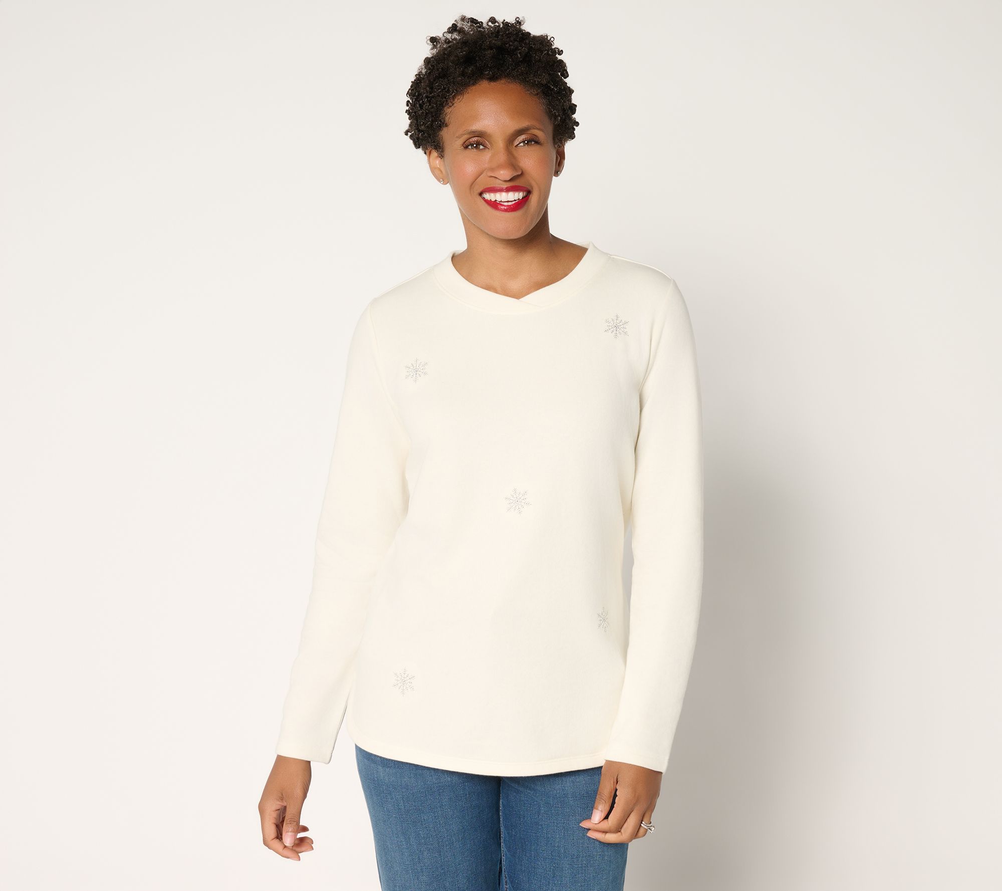 Denim & Co. Fleece Snowflake Embroidered Top