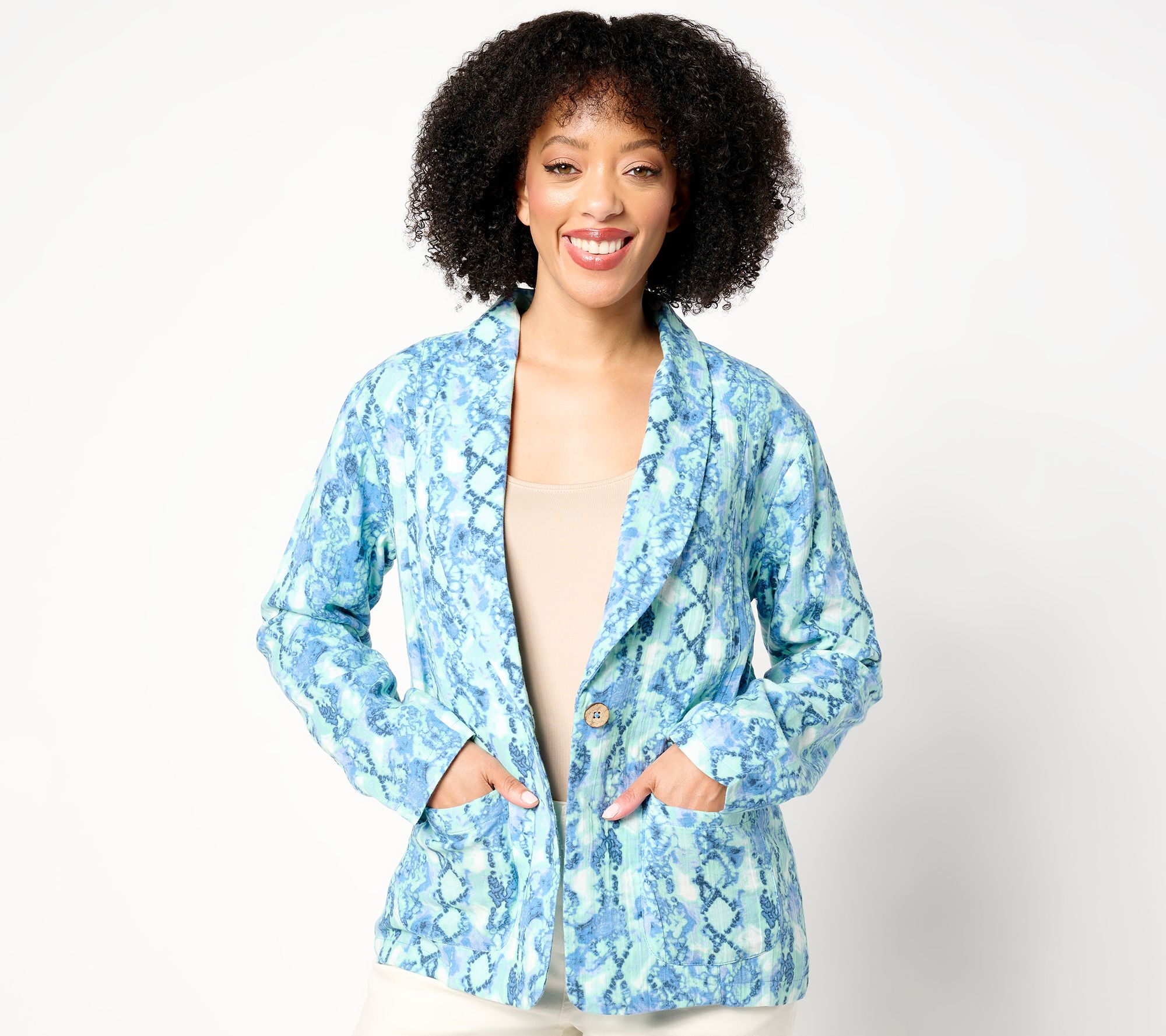 "As Is" Susan Graver PURE Printed Gauze Relaxed Shawl Collar Jacket