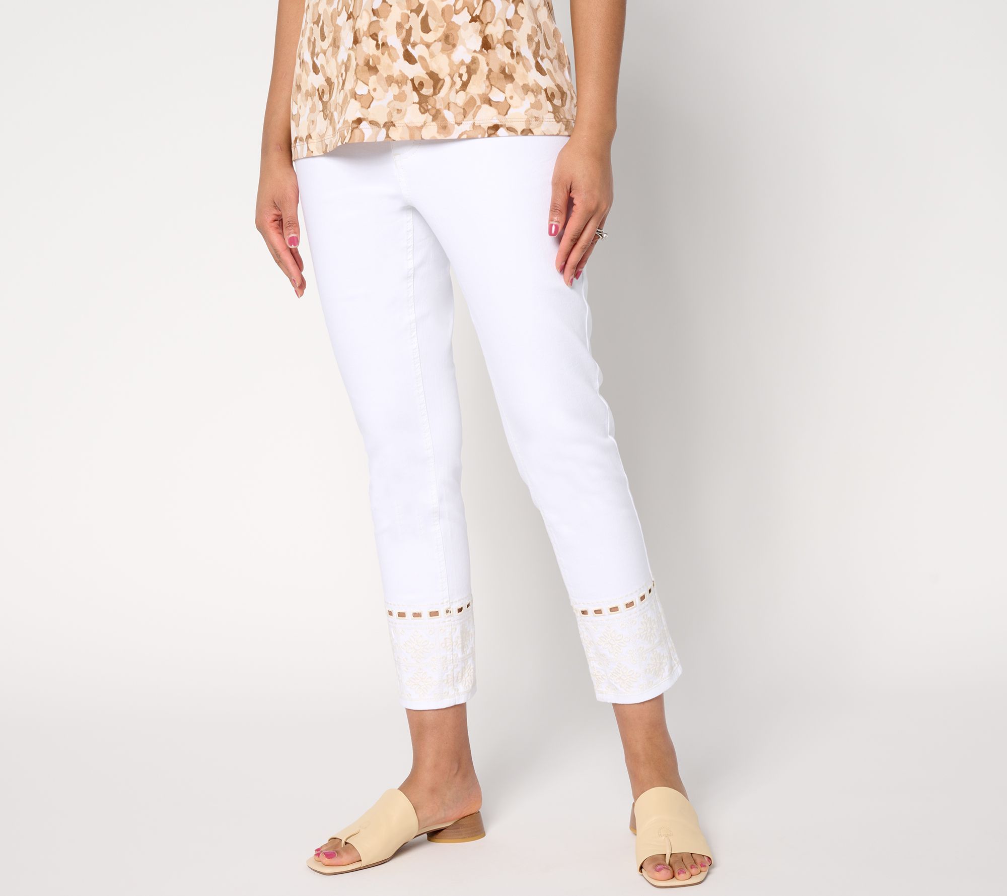 "As Is" Susan Graver Regular White Stretch Denim Embroider Ankle Jean