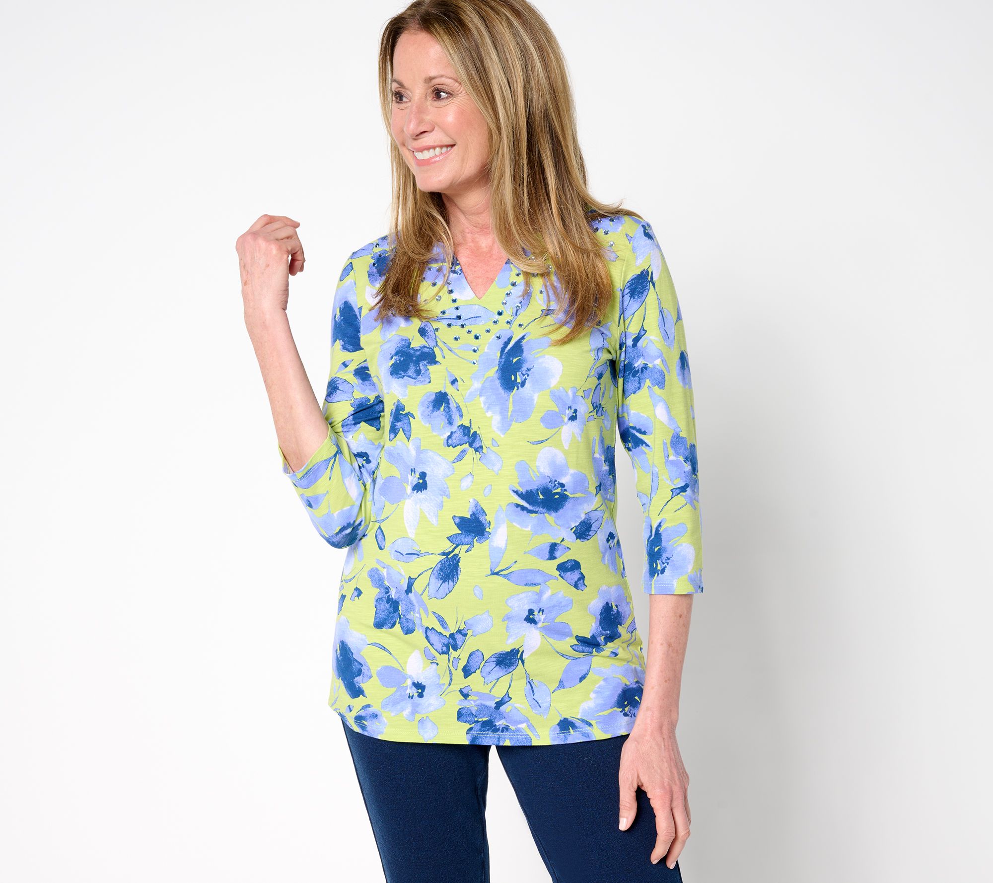 "As Is" Quacker Factory Something Blue Embellished Printed Top