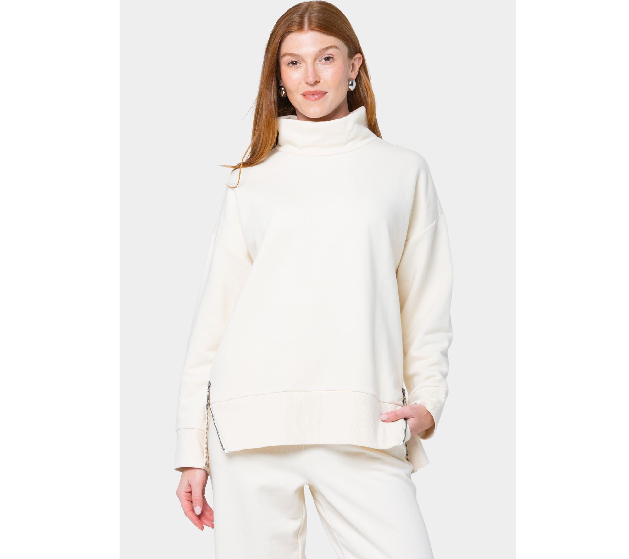 Peace Love World French Terry Turtleneck Top with Side Zip