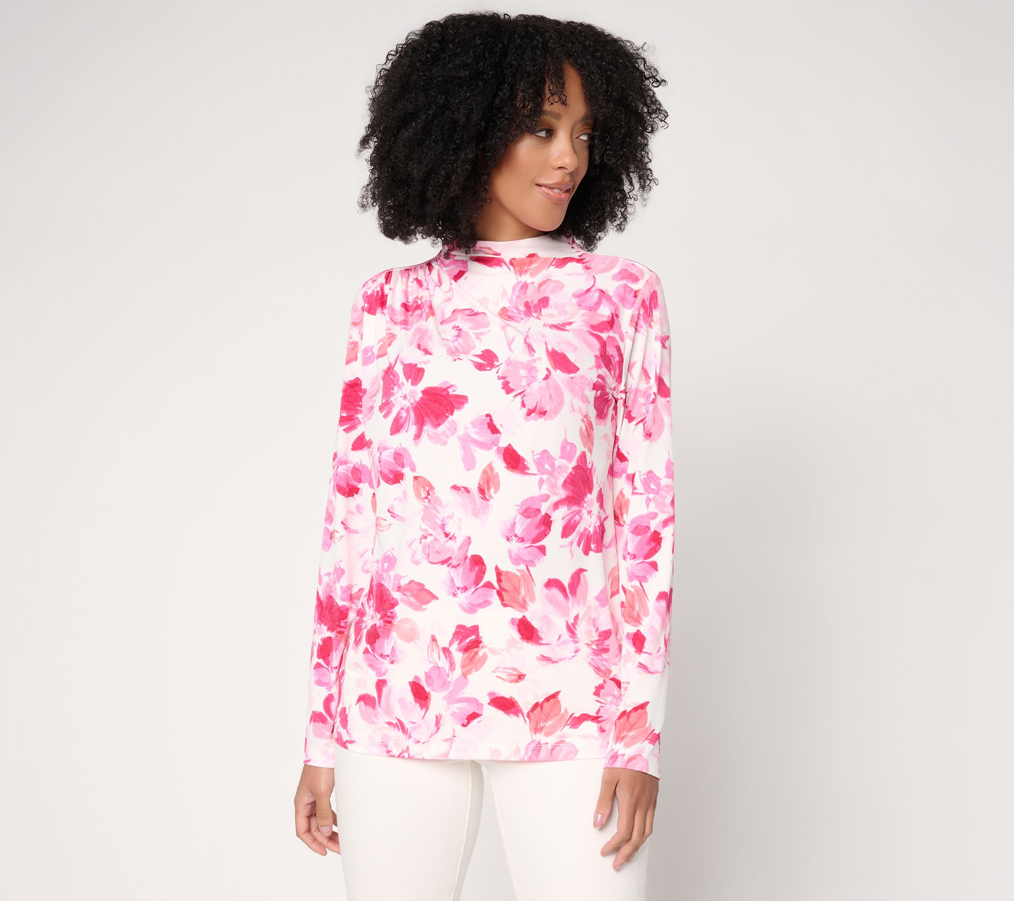 Susan Graver Printed Liquid Knit Funnel Neck Top with Ruched Detail
