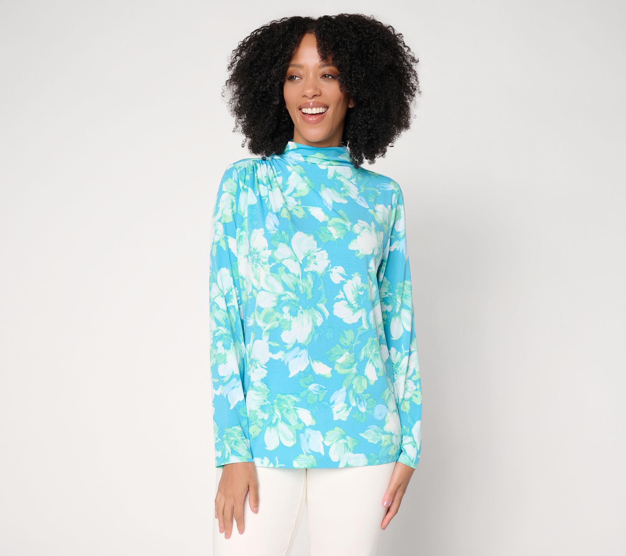 Susan Graver Printed Liquid Knit Funnel Neck Top with Ruched Detail