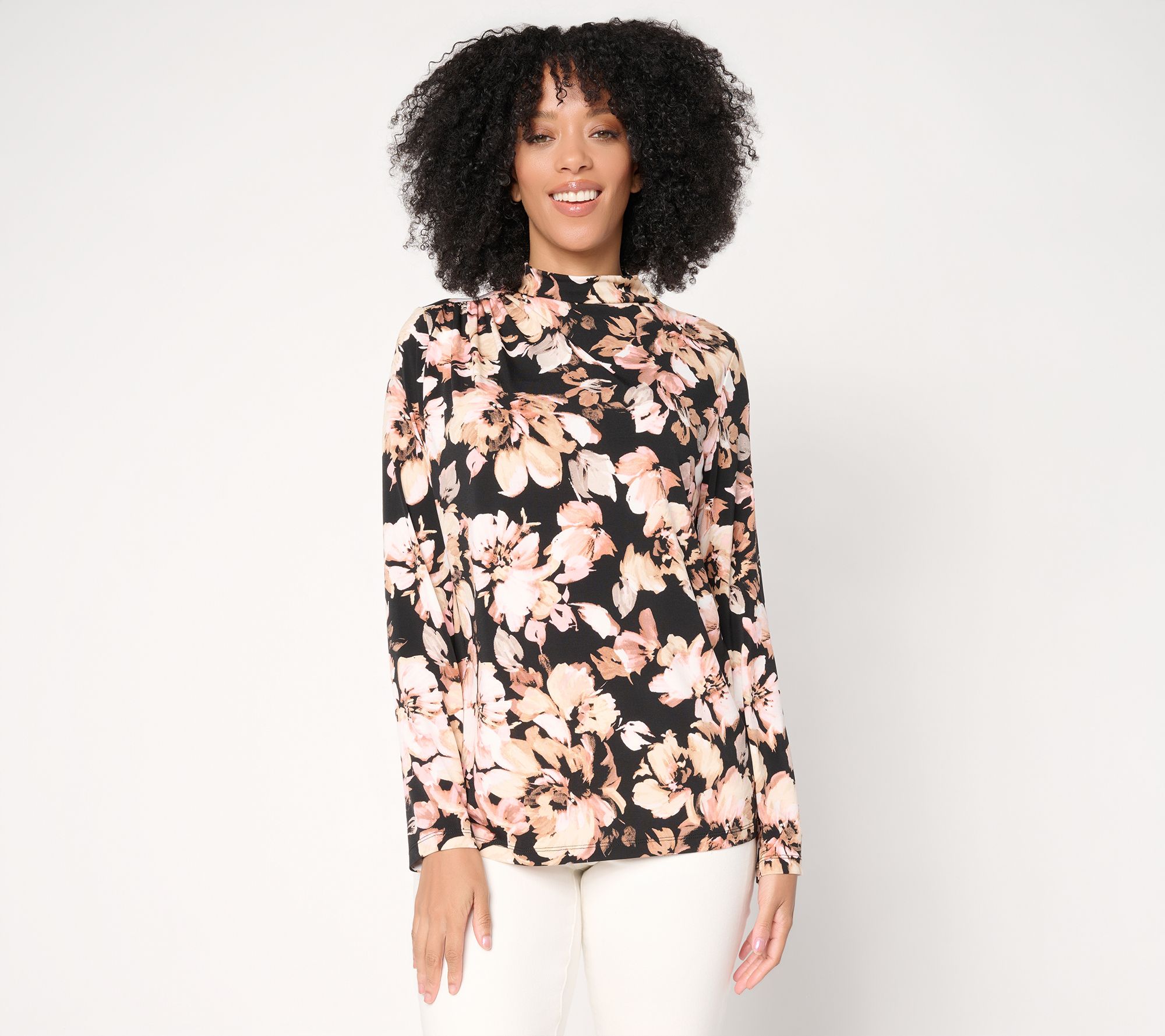 Susan Graver Printed Liquid Knit Funnel Neck Top with Ruched Detail