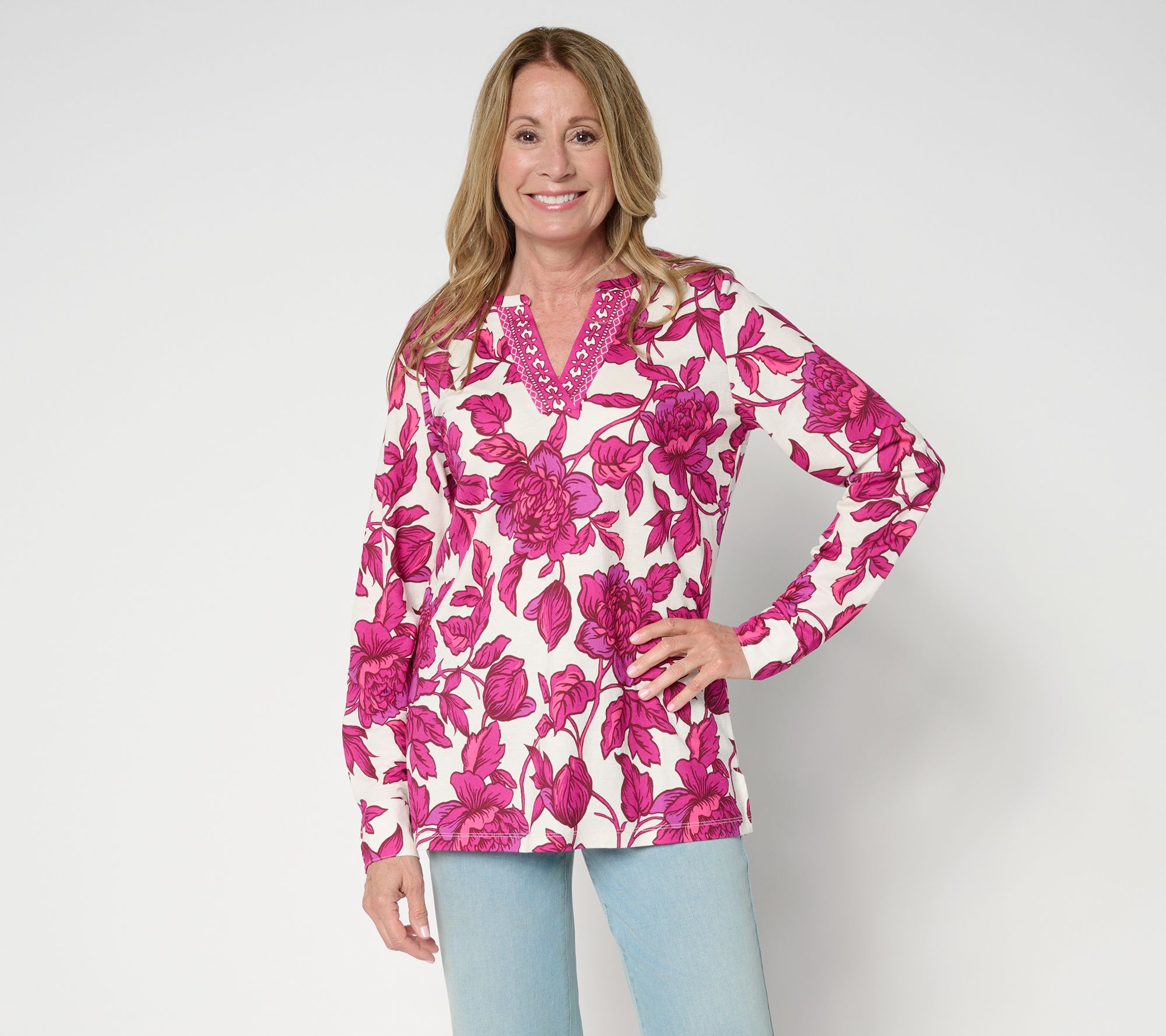"As Is" Belle by Kim Gravel Petite Cabana Knit Floral Serenity Tunic