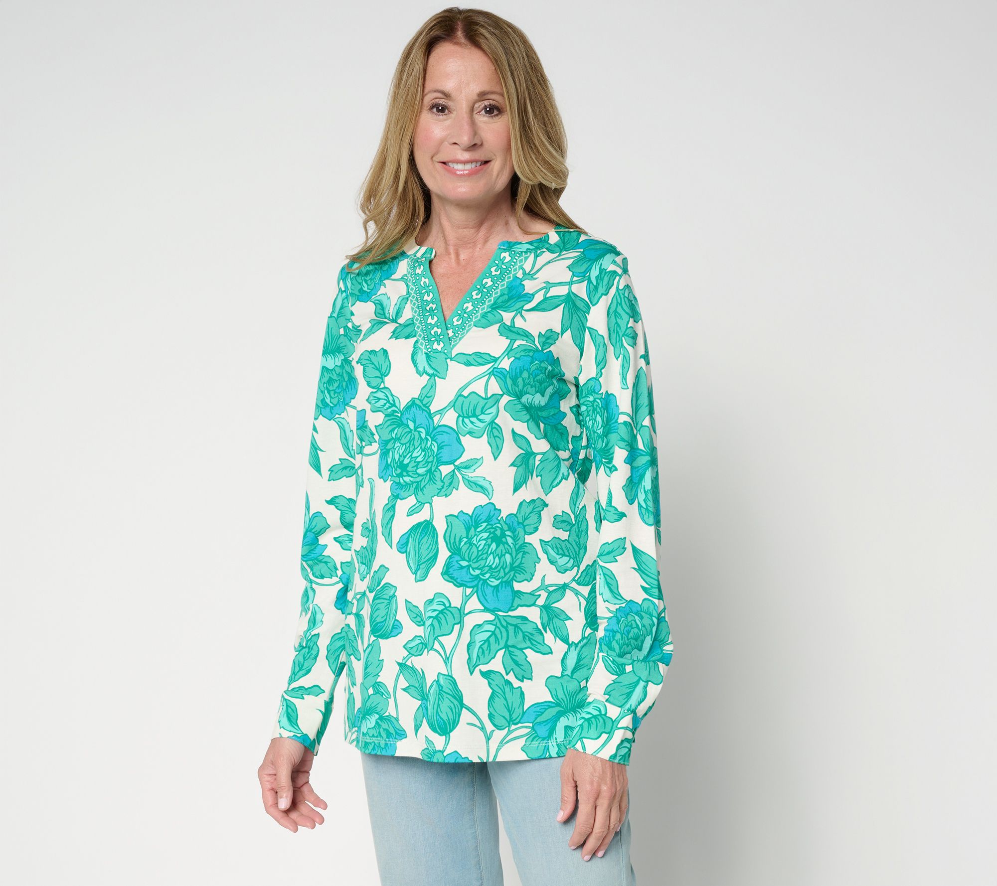 "As Is" Belle by Kim Gravel Petite Cabana Knit Floral Serenity Tunic
