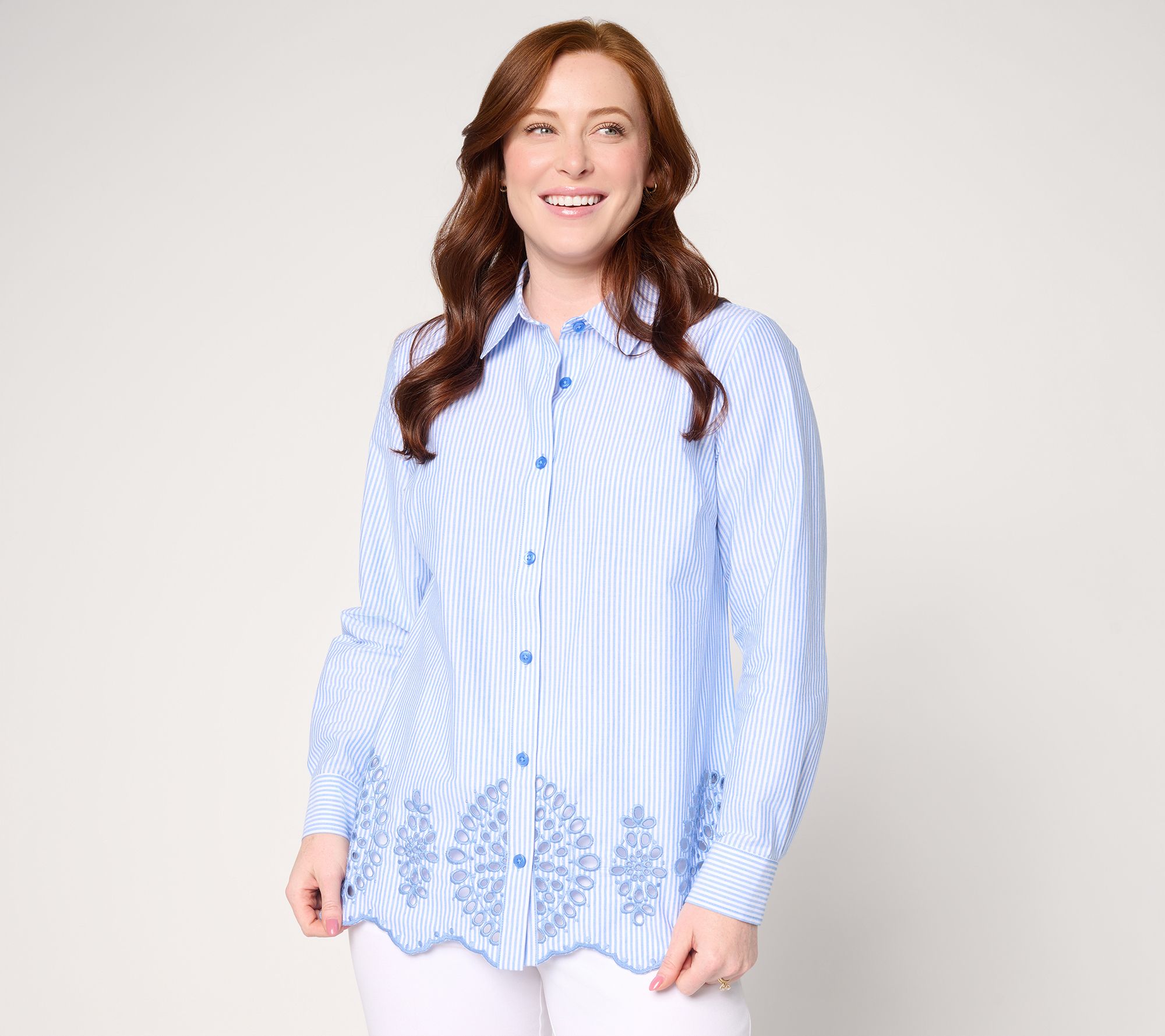 Joan Rivers Reg Eyelet Border Button Down Modern Fit Tunic