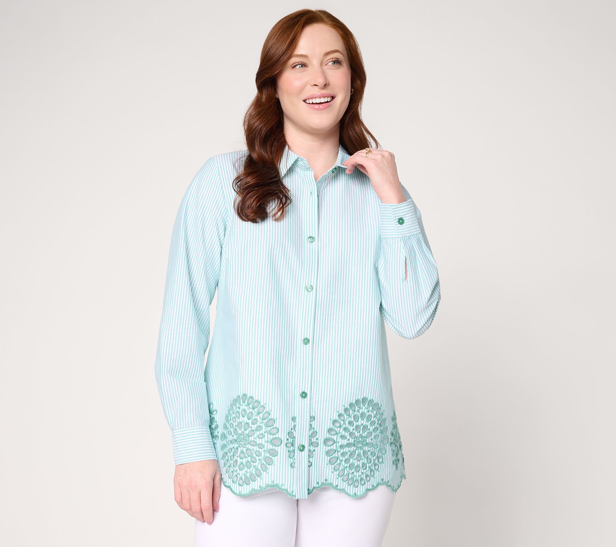 Joan Rivers Reg Eyelet Border Button Down Modern Fit Tunic