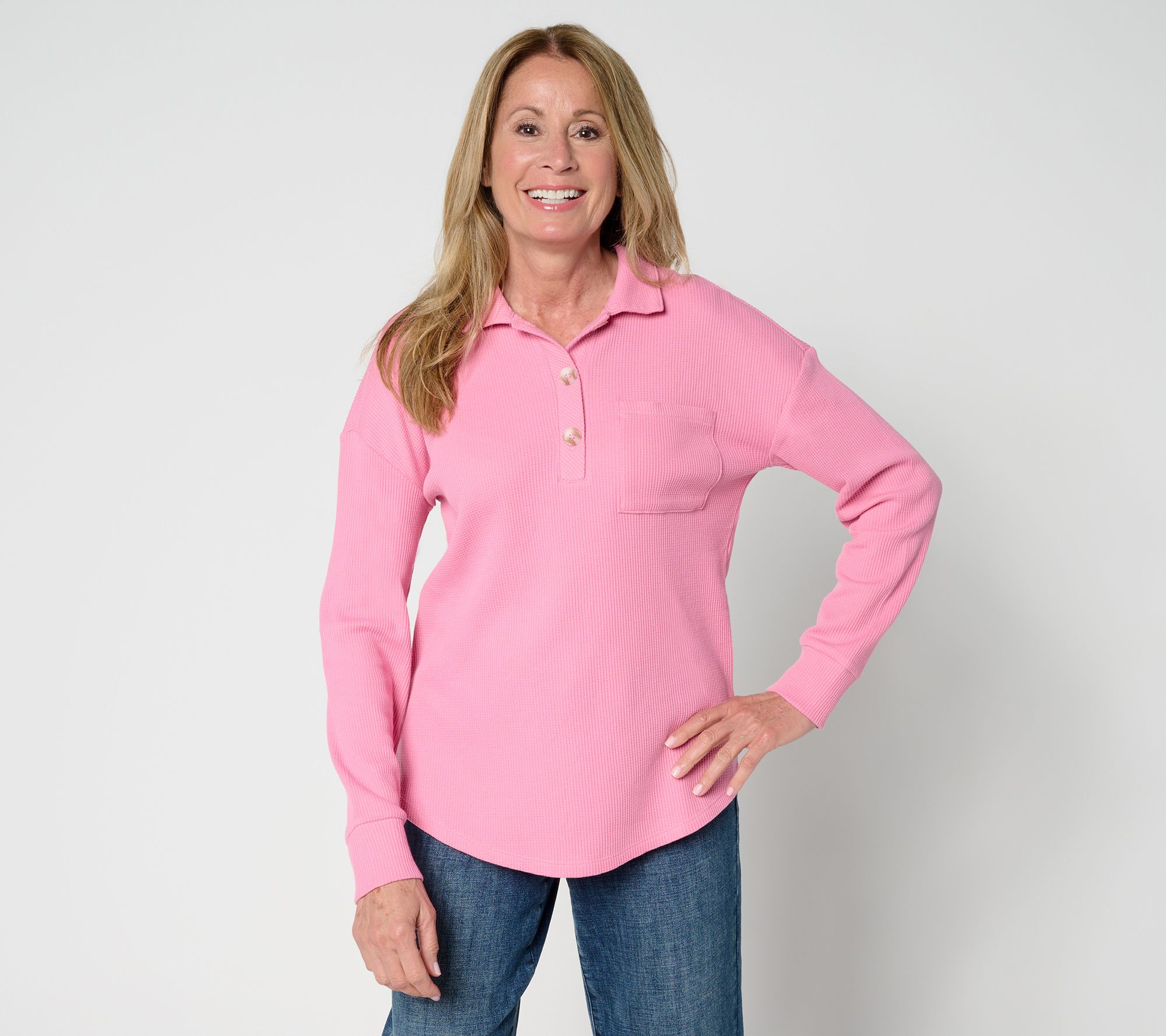 "As Is" Belle by Kim Gravel Micro Waffle Horn Button Henley Top