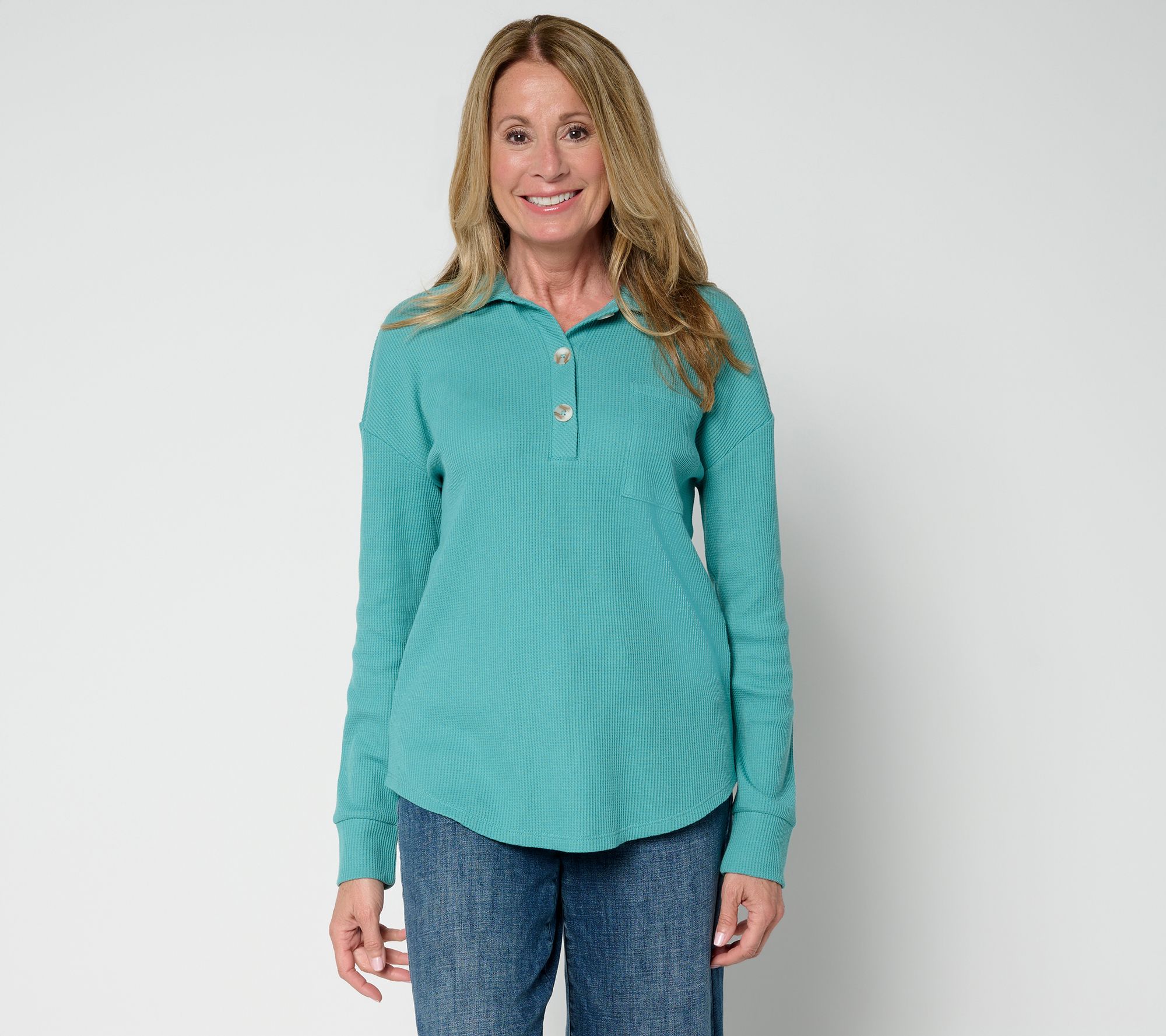 "As Is" Belle by Kim Gravel Micro Waffle Horn Button Henley Top