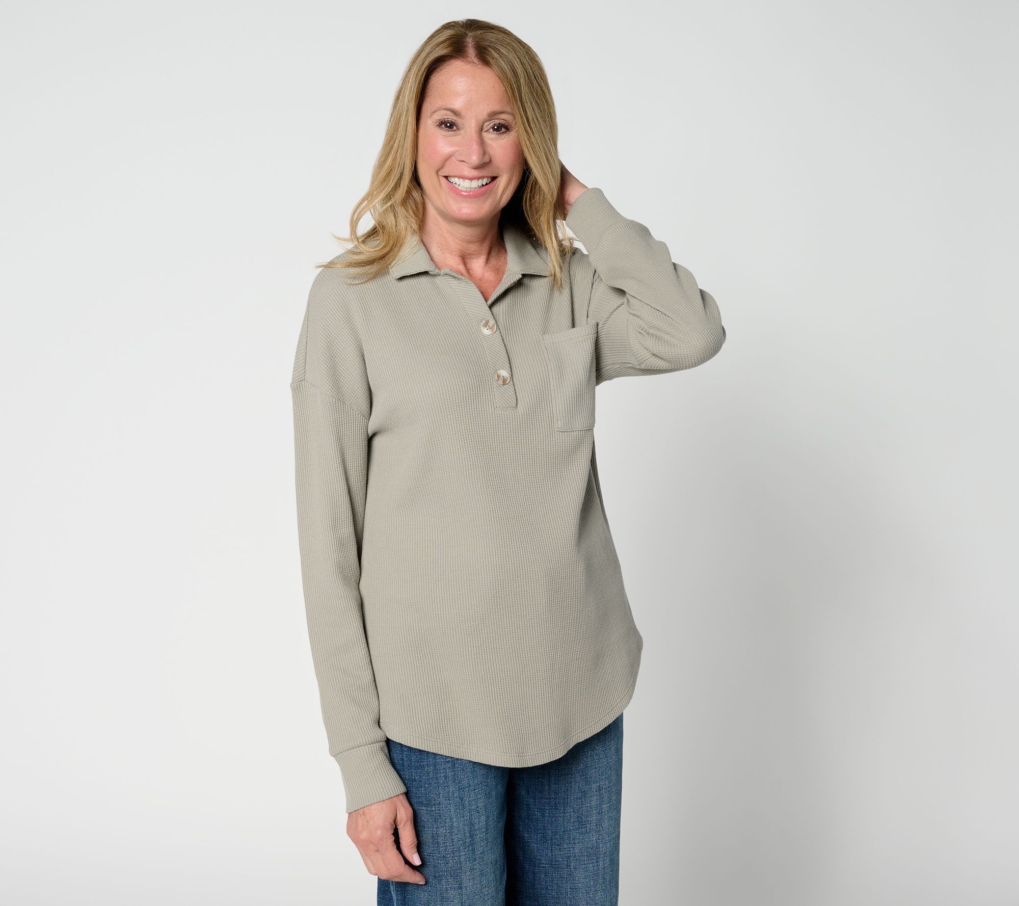 "As Is" Belle by Kim Gravel Micro Waffle Horn Button Henley Top