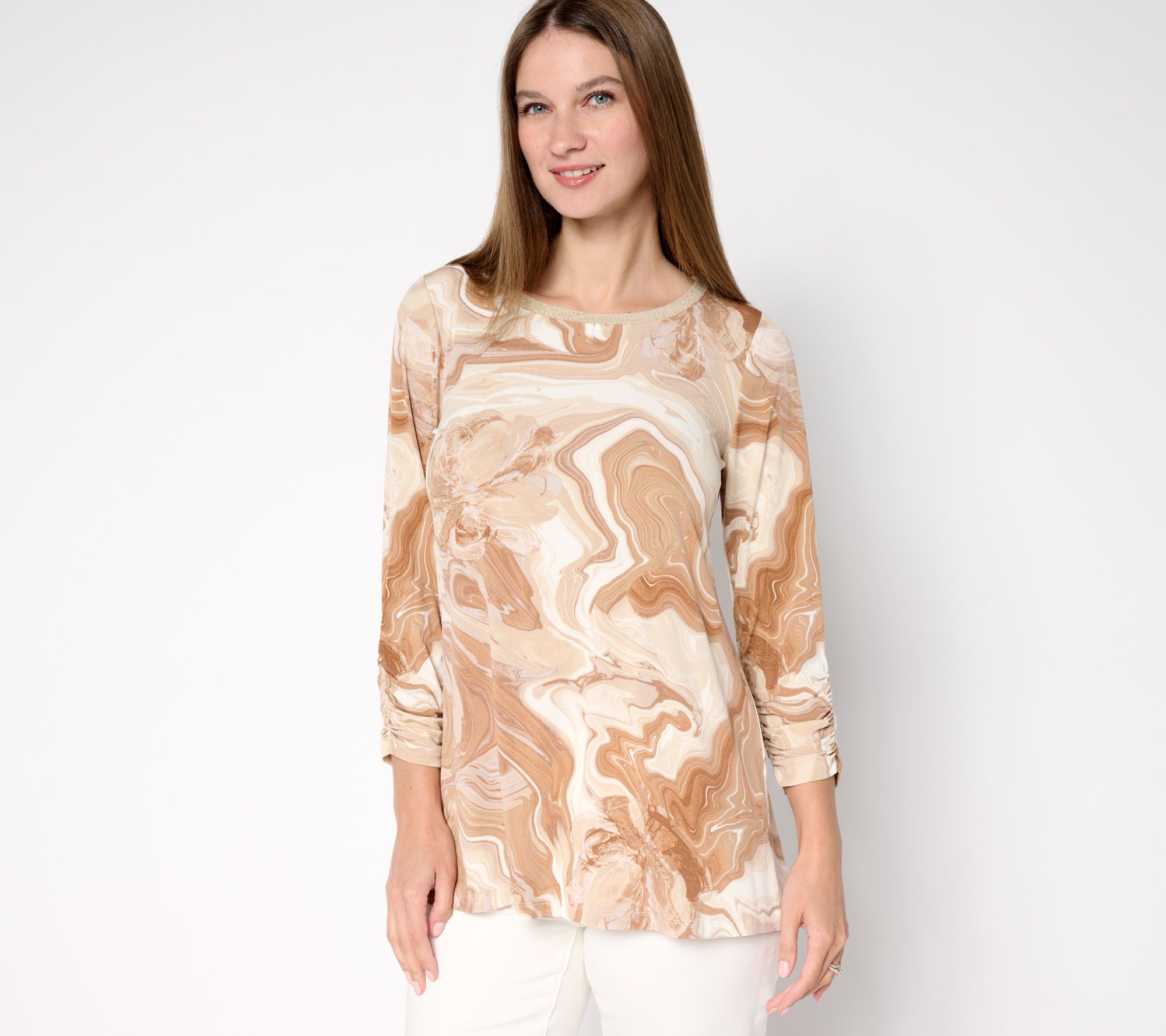 "As Is" Susan Graver Regular Printed Liquid Knit A-Line Tunic w/Rib
