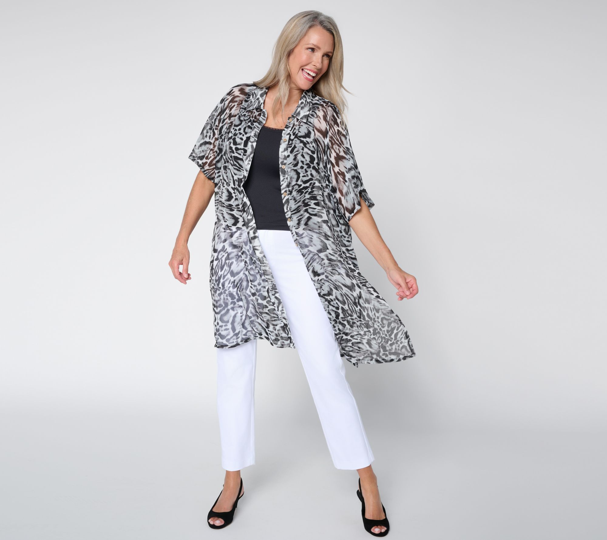 Dennis Basso Petite Printed Duster with Elbow Sleeves