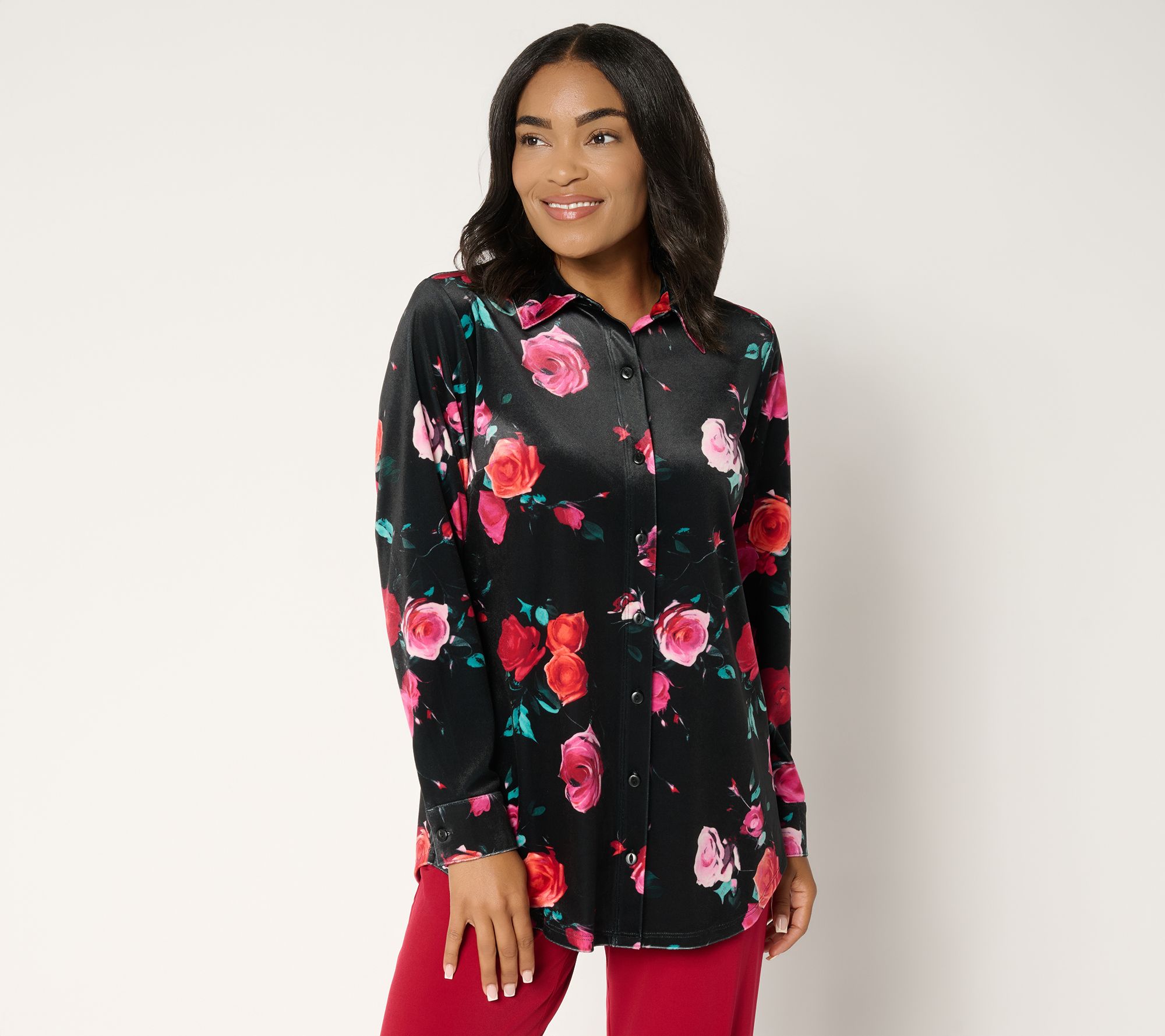 "As Is" Denim & Co. Regular Printed Knit Velvet Big Shirt