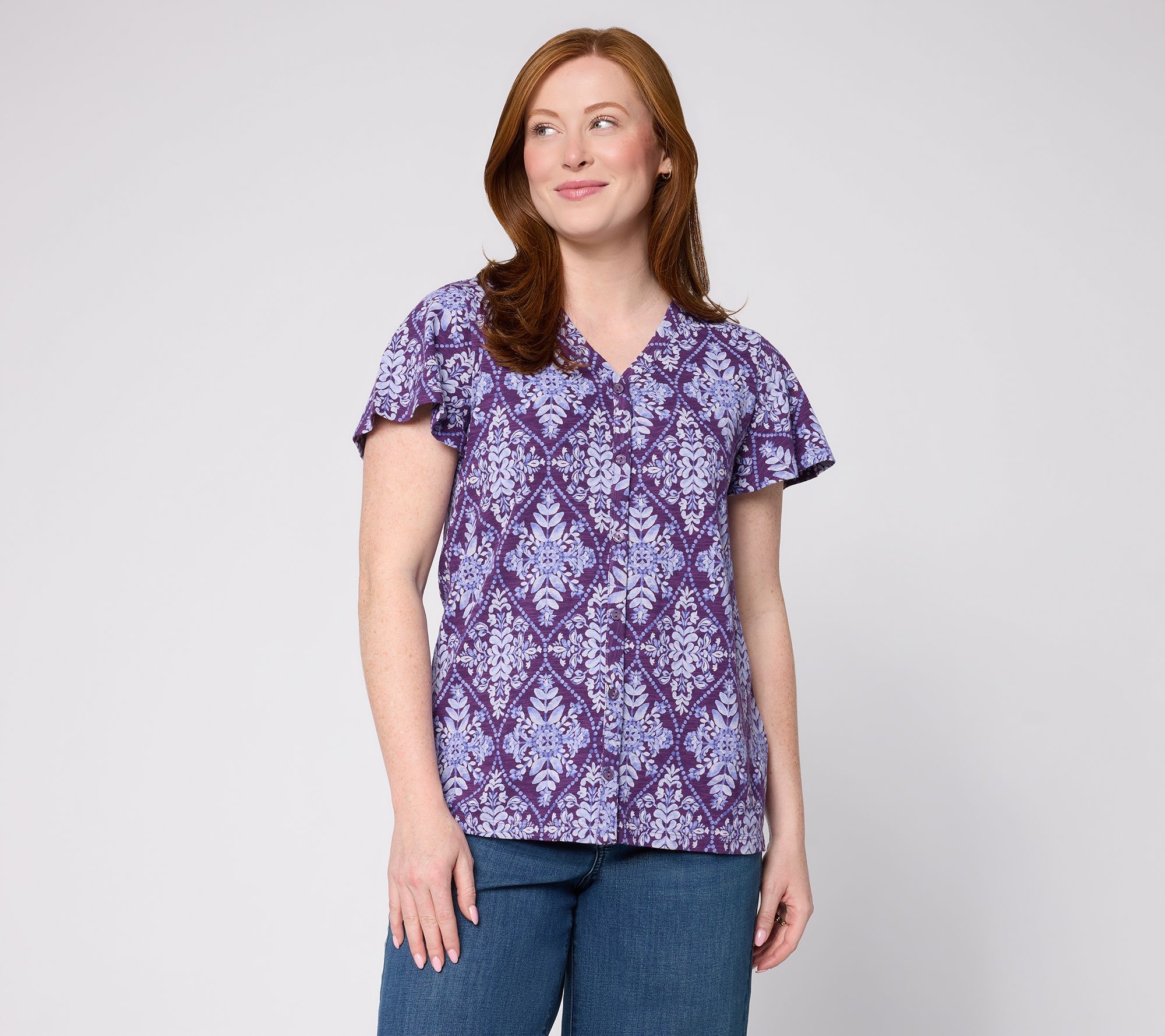 Denim & Co. Printed Cotton Slub Flutter Sleeve V-Neck Top