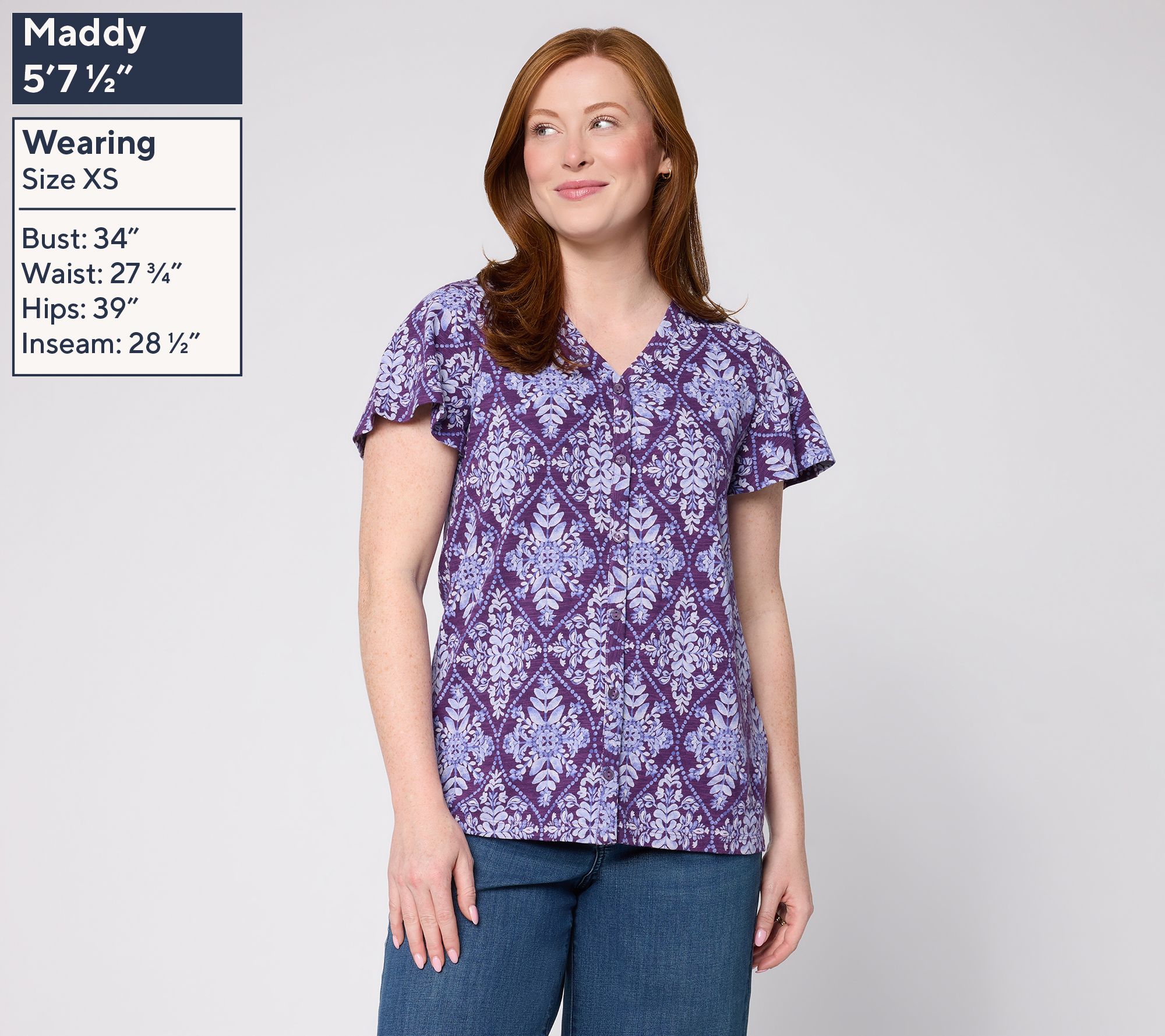 Denim & Co. Printed Cotton Slub Flutter Sleeve V-Neck Top - QVC.com