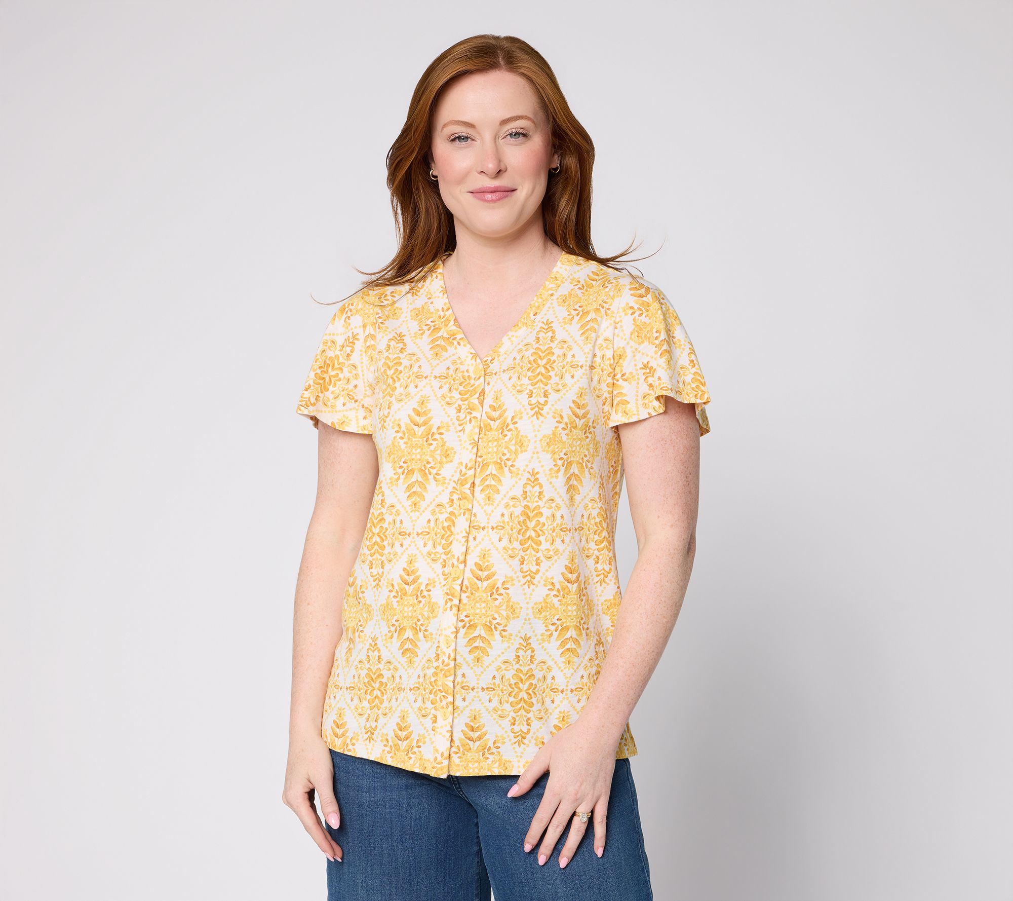 Denim & Co. Printed Cotton Slub Flutter Sleeve V-Neck Top