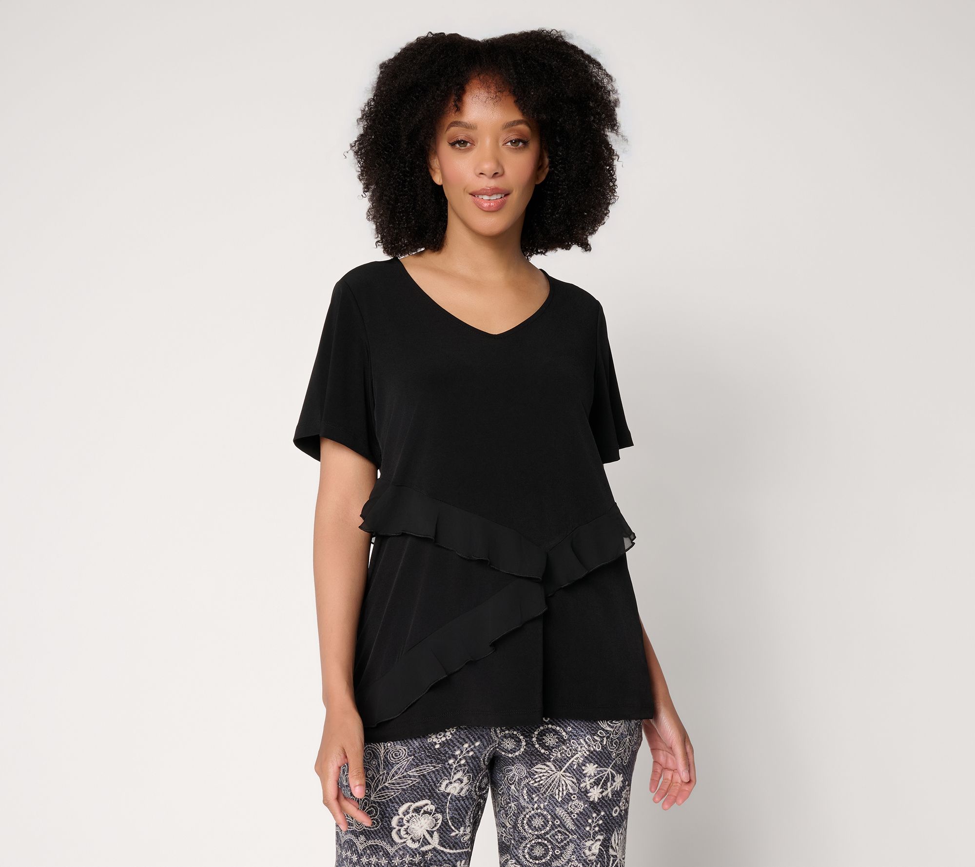 Susan Graver Liquid Knit Top with Asymmetrical Ruffles