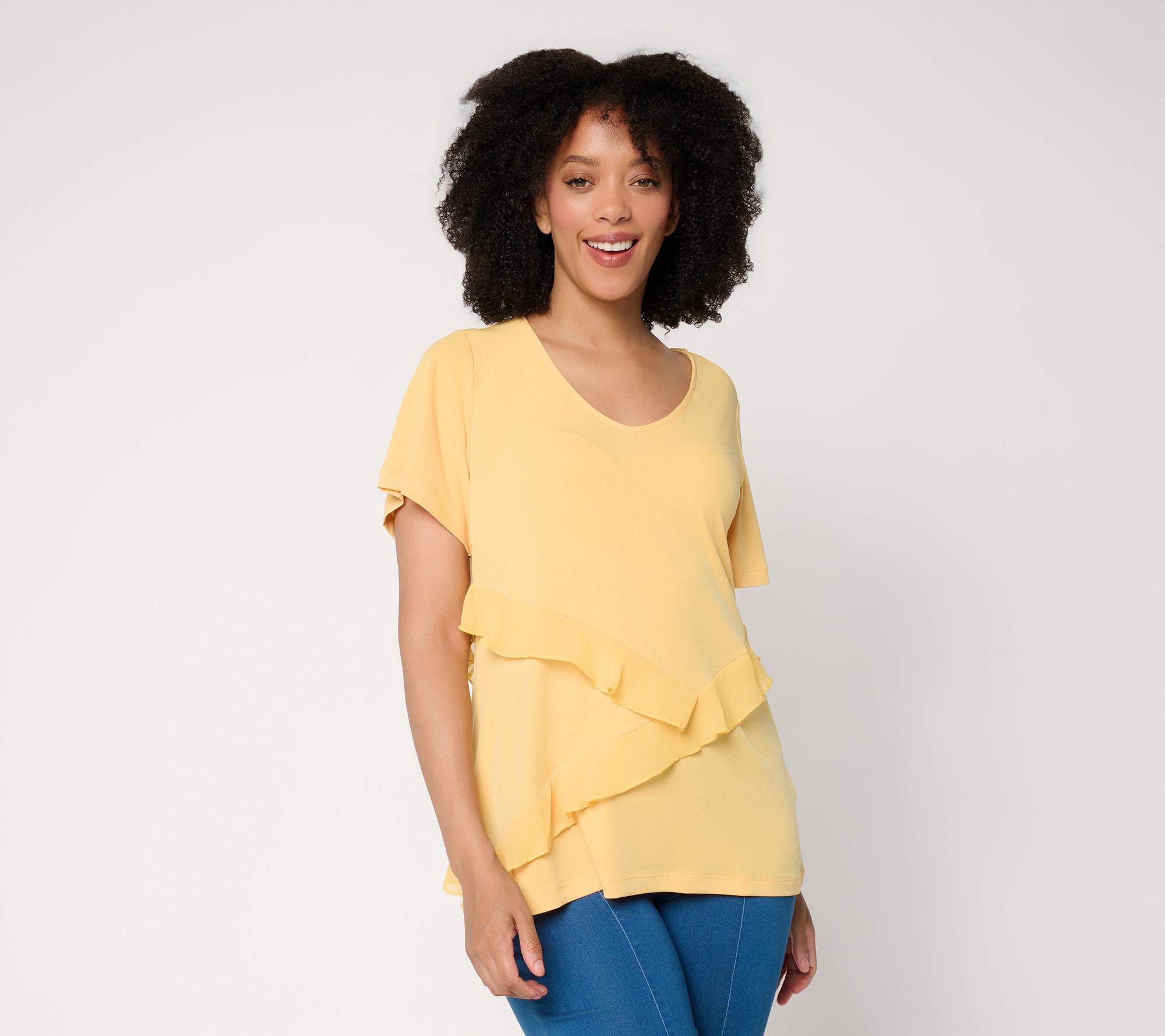 Susan Graver Liquid Knit Top with Asymmetrical Ruffles