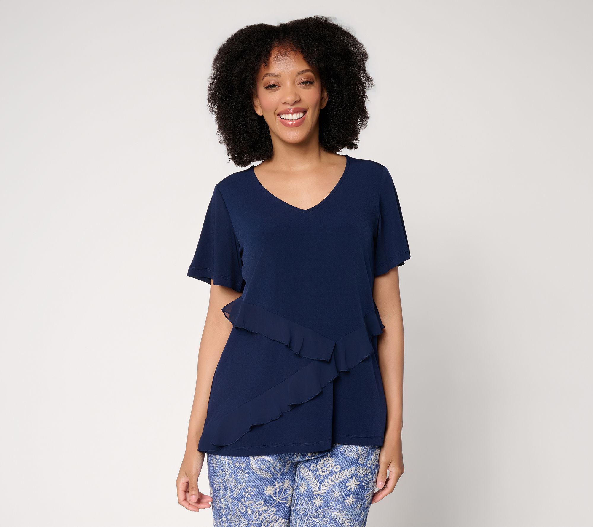 Susan Graver Liquid Knit Top with Asymmetrical Ruffles