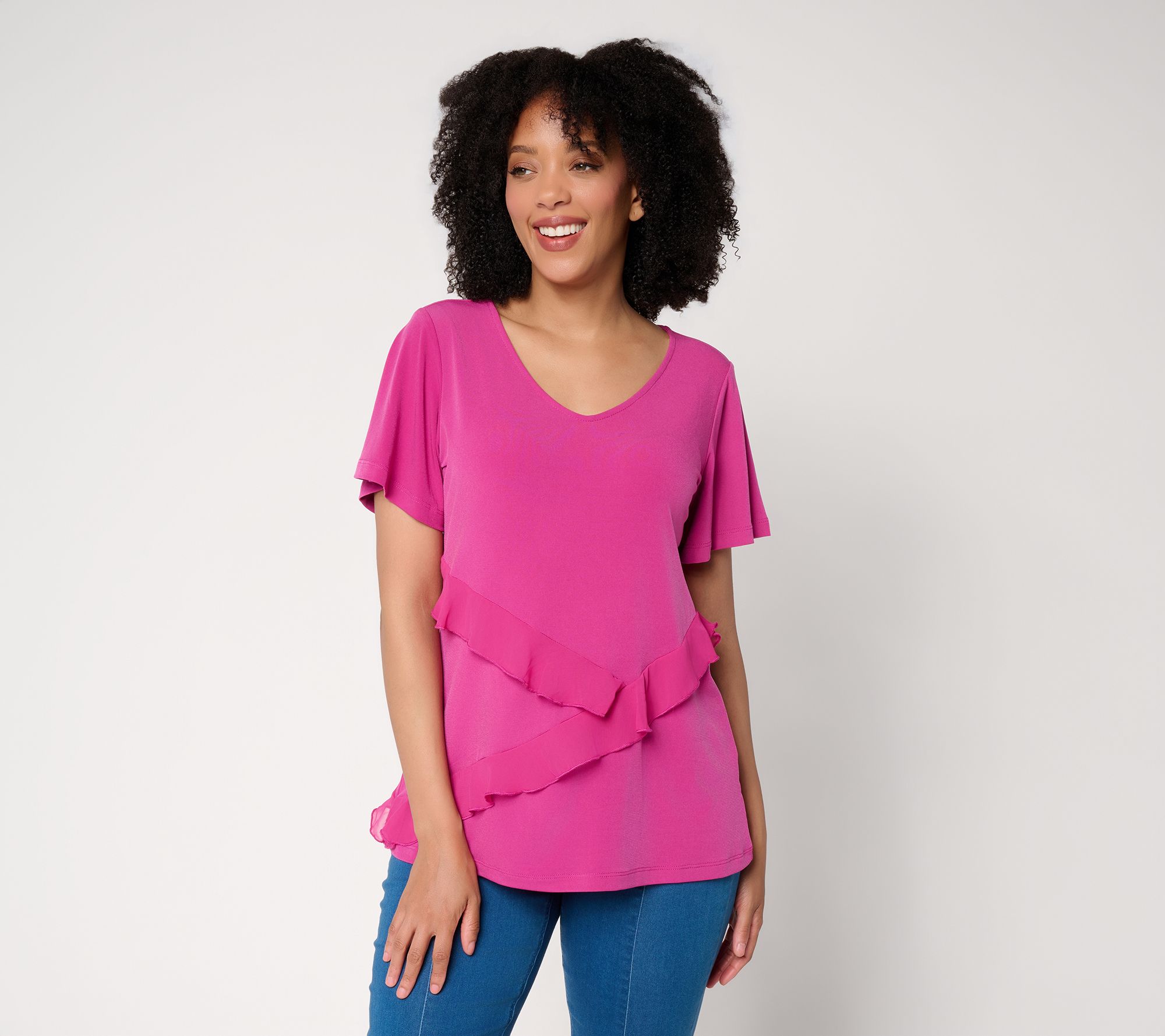 Susan Graver Liquid Knit Top with Asymmetrical Ruffles