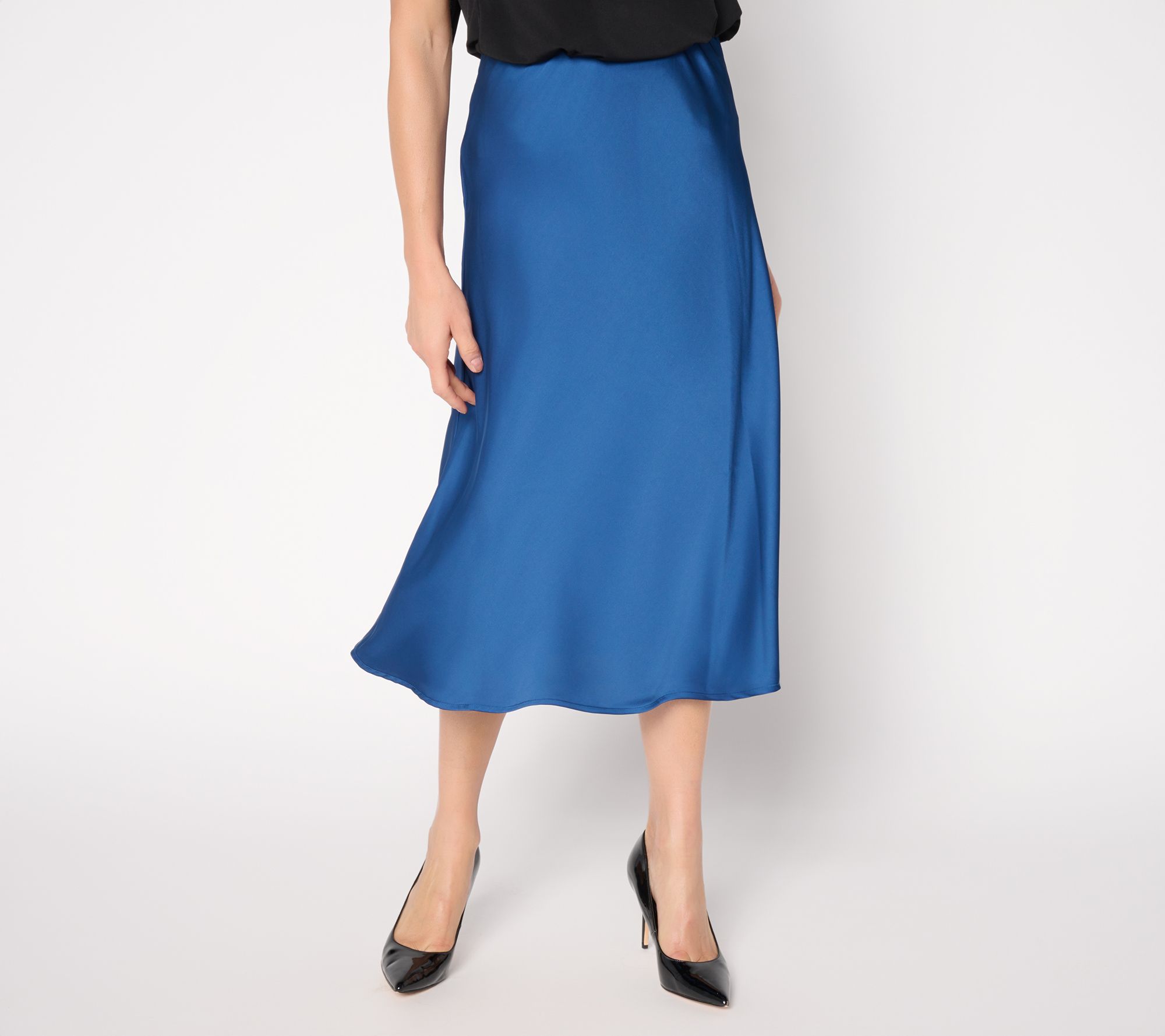 "As Is" Susan Graver Regular Satin Pull-On Midi Skirt