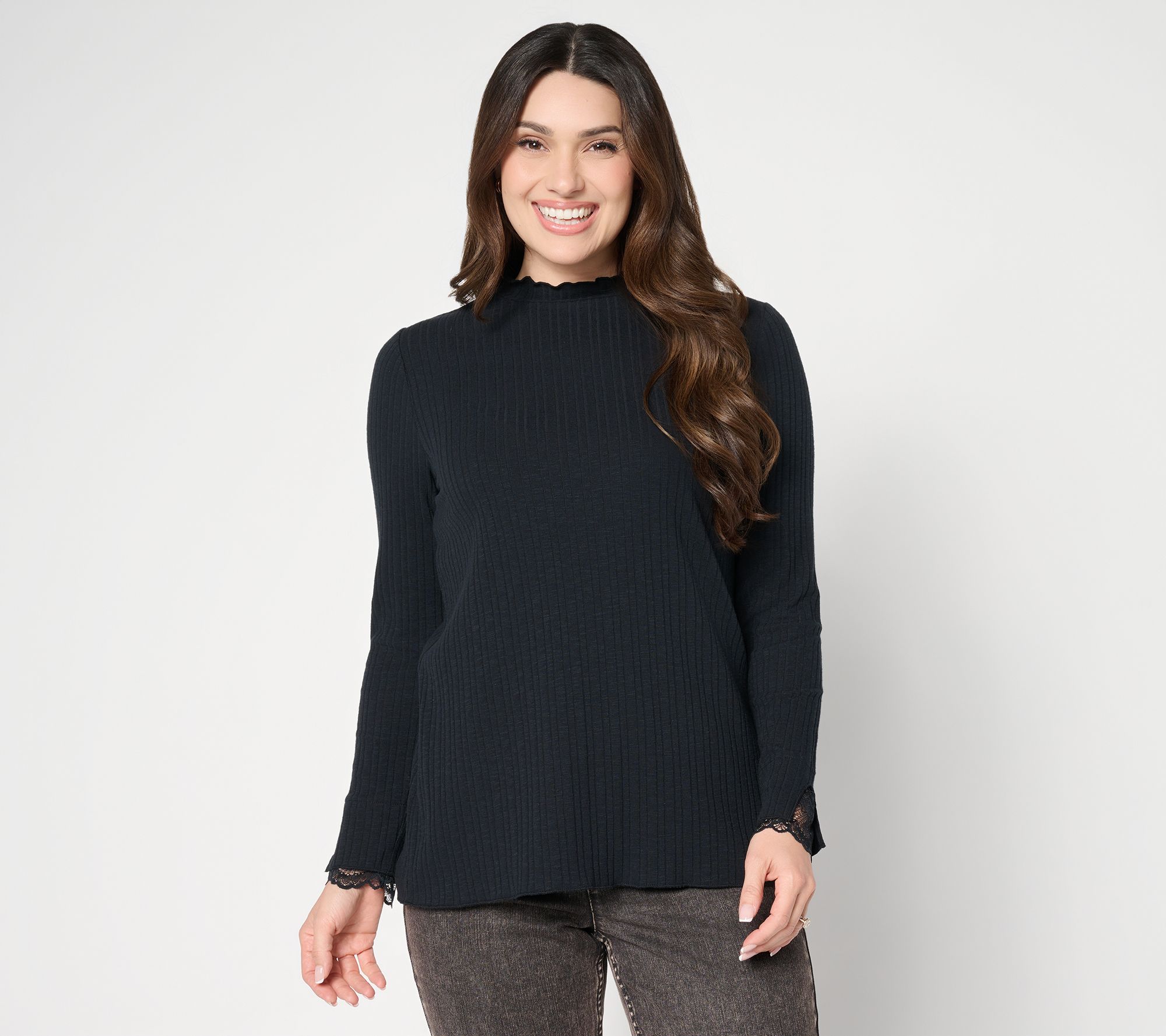 "As Is" LOGO Layers by Lori Goldstein Mock Neck Ribbed Top with Lace Trim