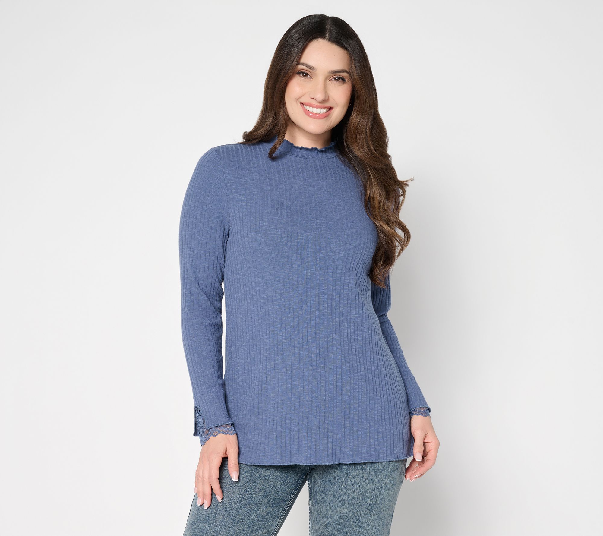 "As Is" LOGO Layers by Lori Goldstein Mock Neck Ribbed Top with Lace Trim