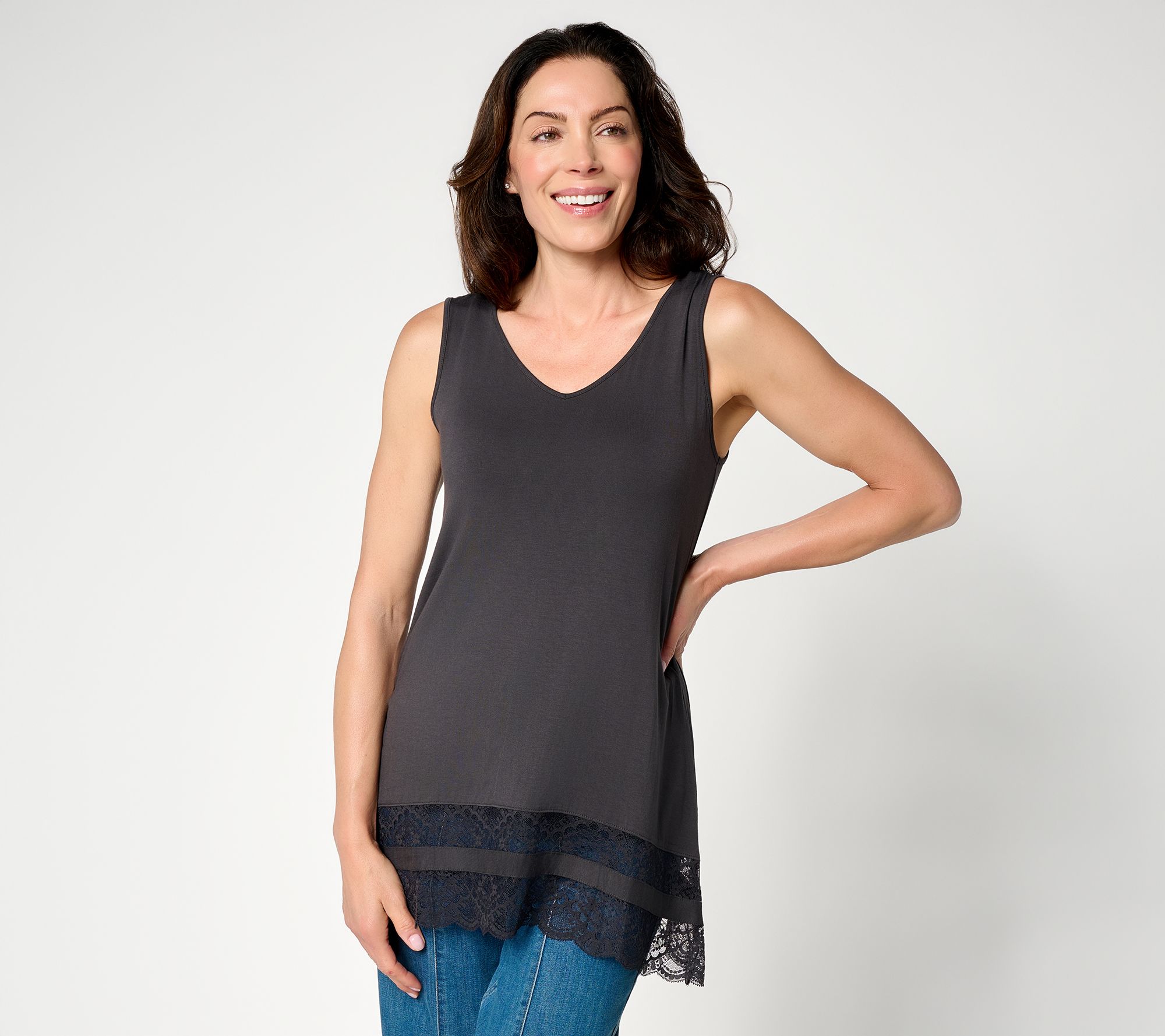 LOGO Layers by Lori Goldstein Regular Tiered Lace Hem Tank