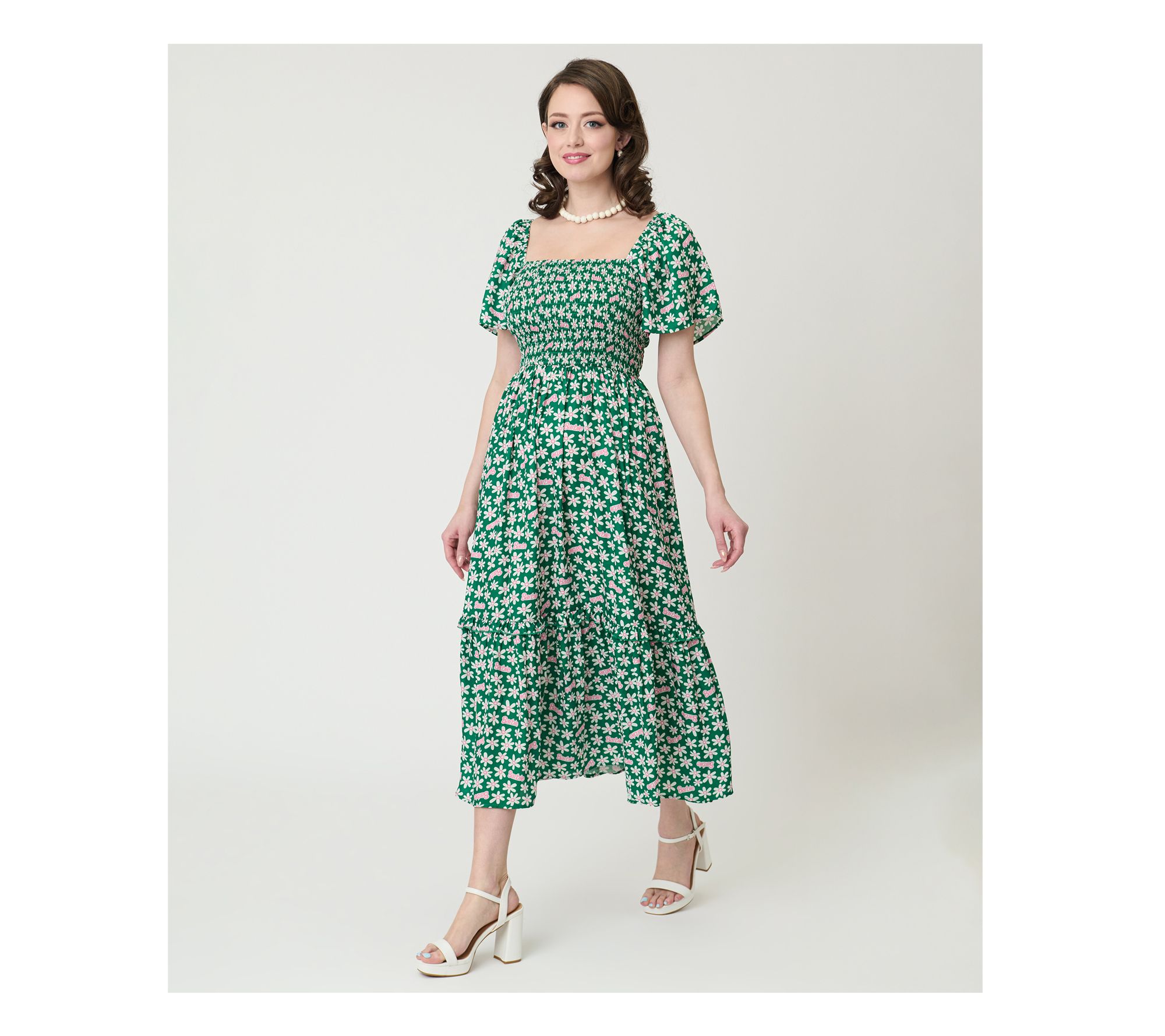 Barbie x Unique Vintage Green Ditzy Daisy Smocked Midi Dress
