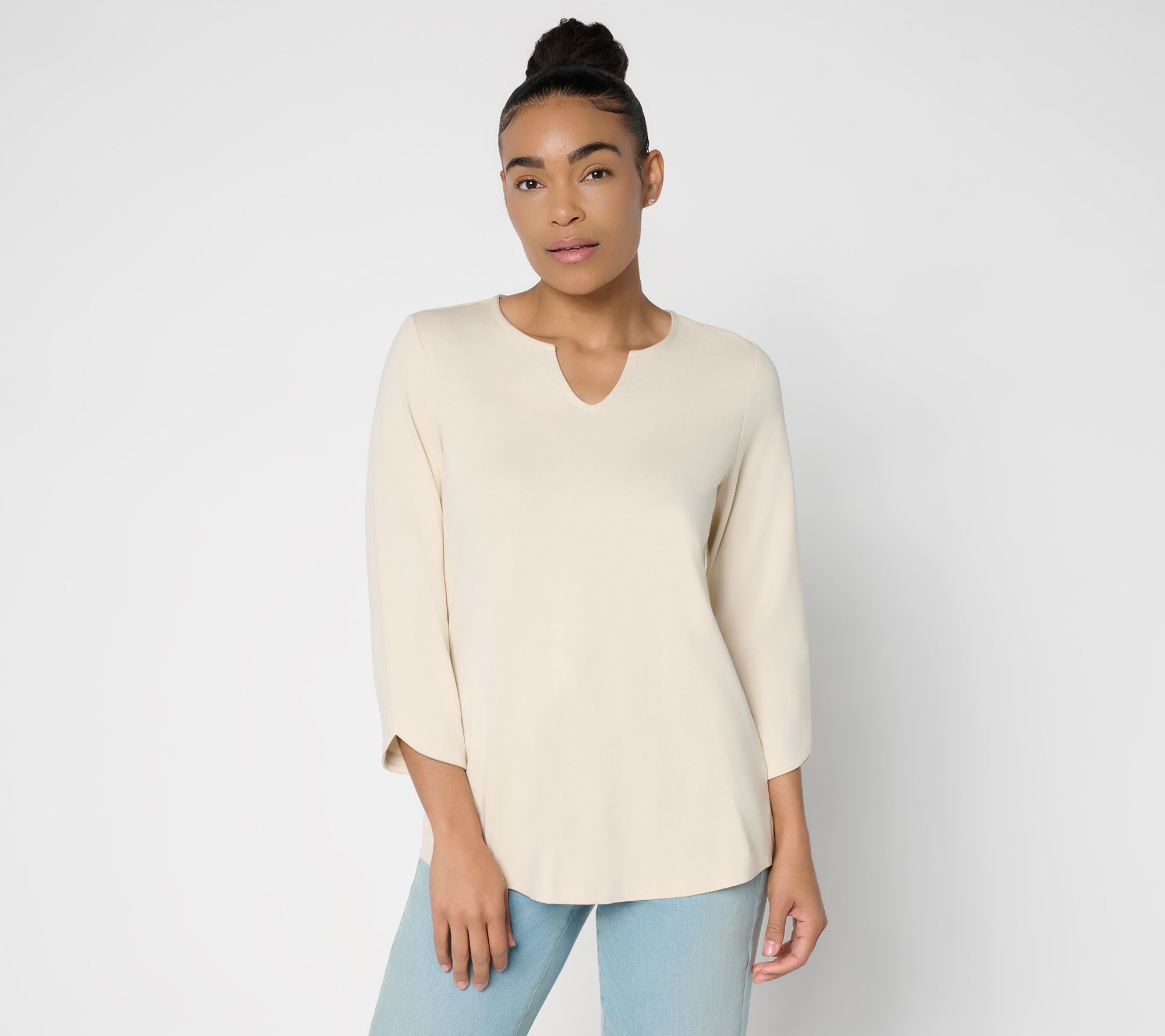 "As Is" Denim & Co. Essentials Favorite Jersey 3/4 Sleeve Split Neck Top