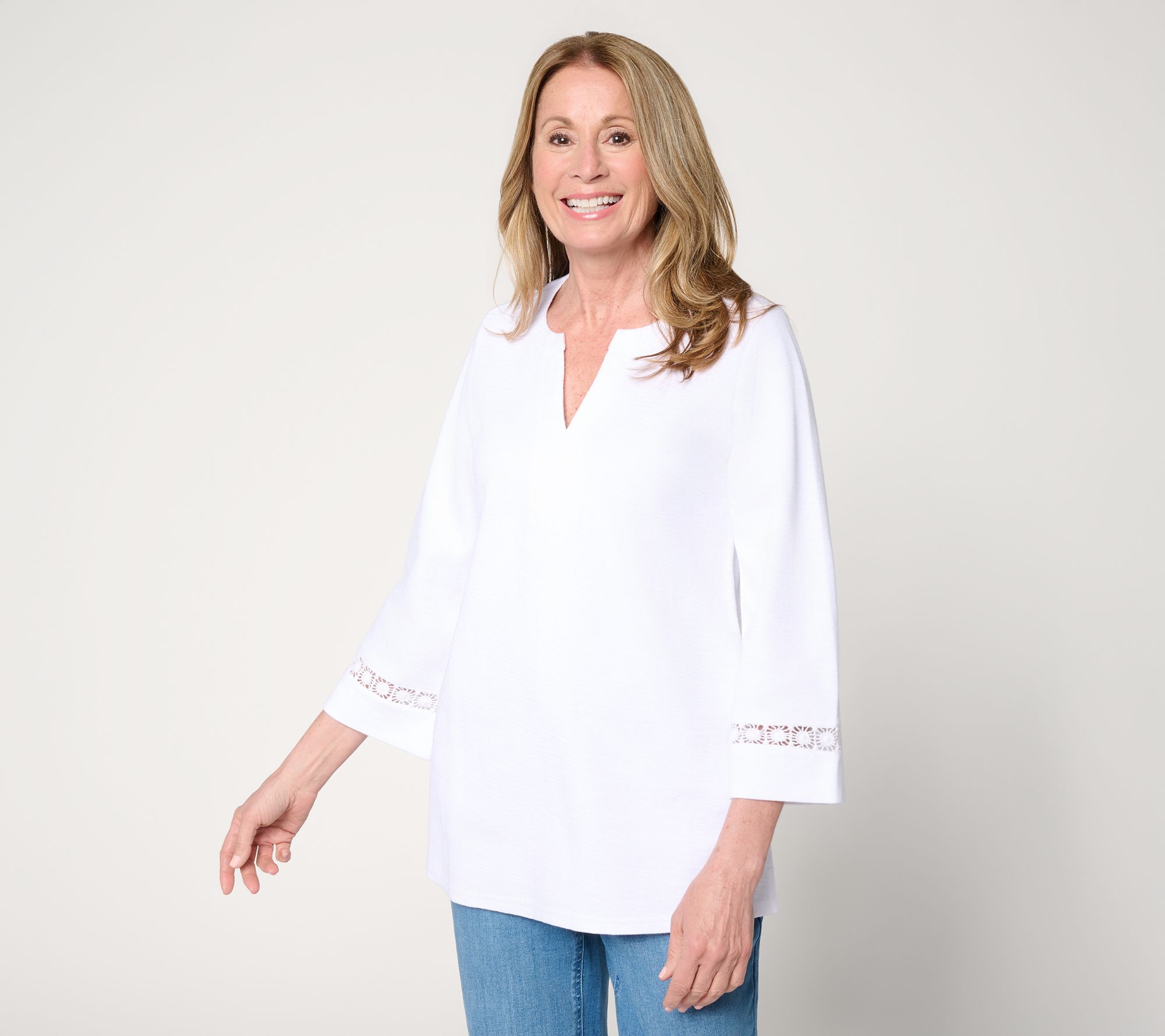 "As Is" Susan Graver Soleil Petite Slub Rib Knit Tunic w/ Lace Detail