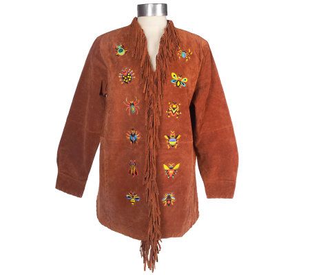 Bob Mackie's Embroidered Bugs Suede Jacket w/Fringe Detail