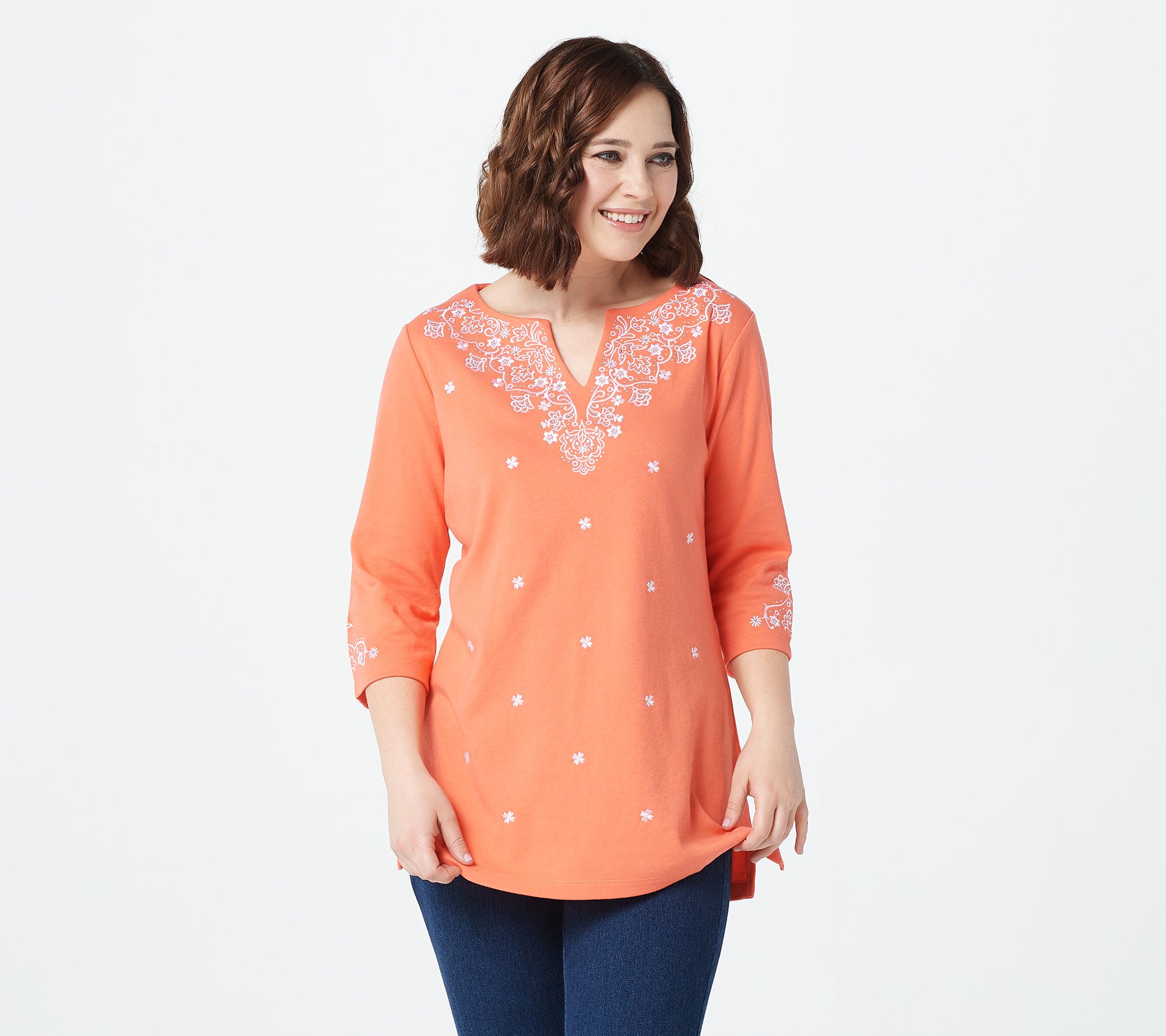 Quacker Factory Bandana Embroidered 3/4 Sleeve Knit Tunic