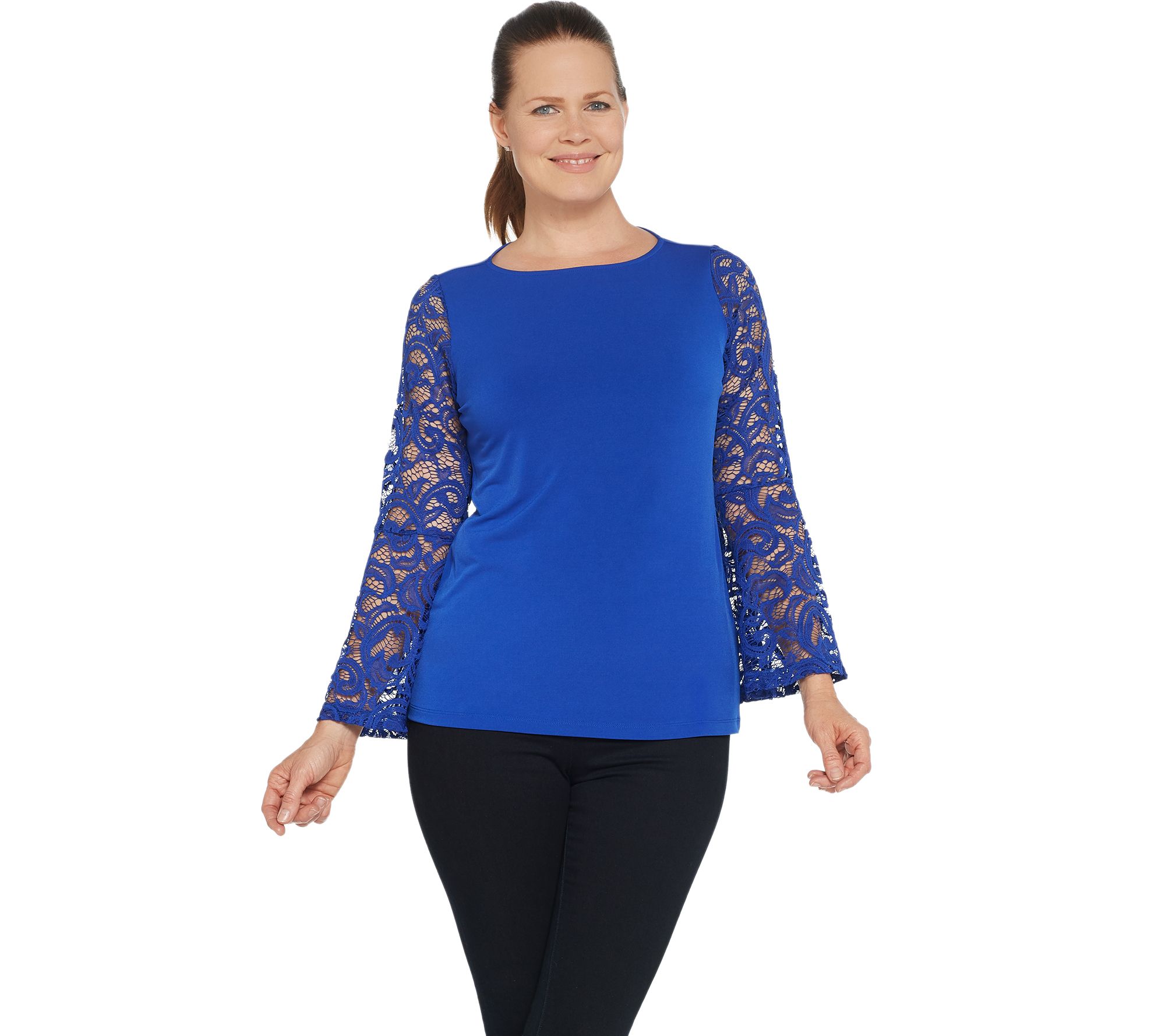 Susan Graver Liquid Knit Top with Lace Sleeves - QVC.com