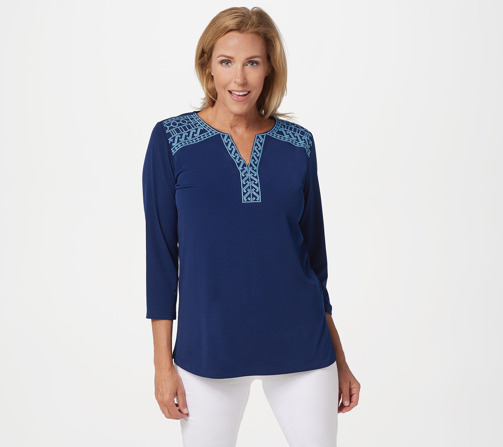 Susan Graver Liquid Knit 3/4-Sleeve Top with Embroidery - QVC.com